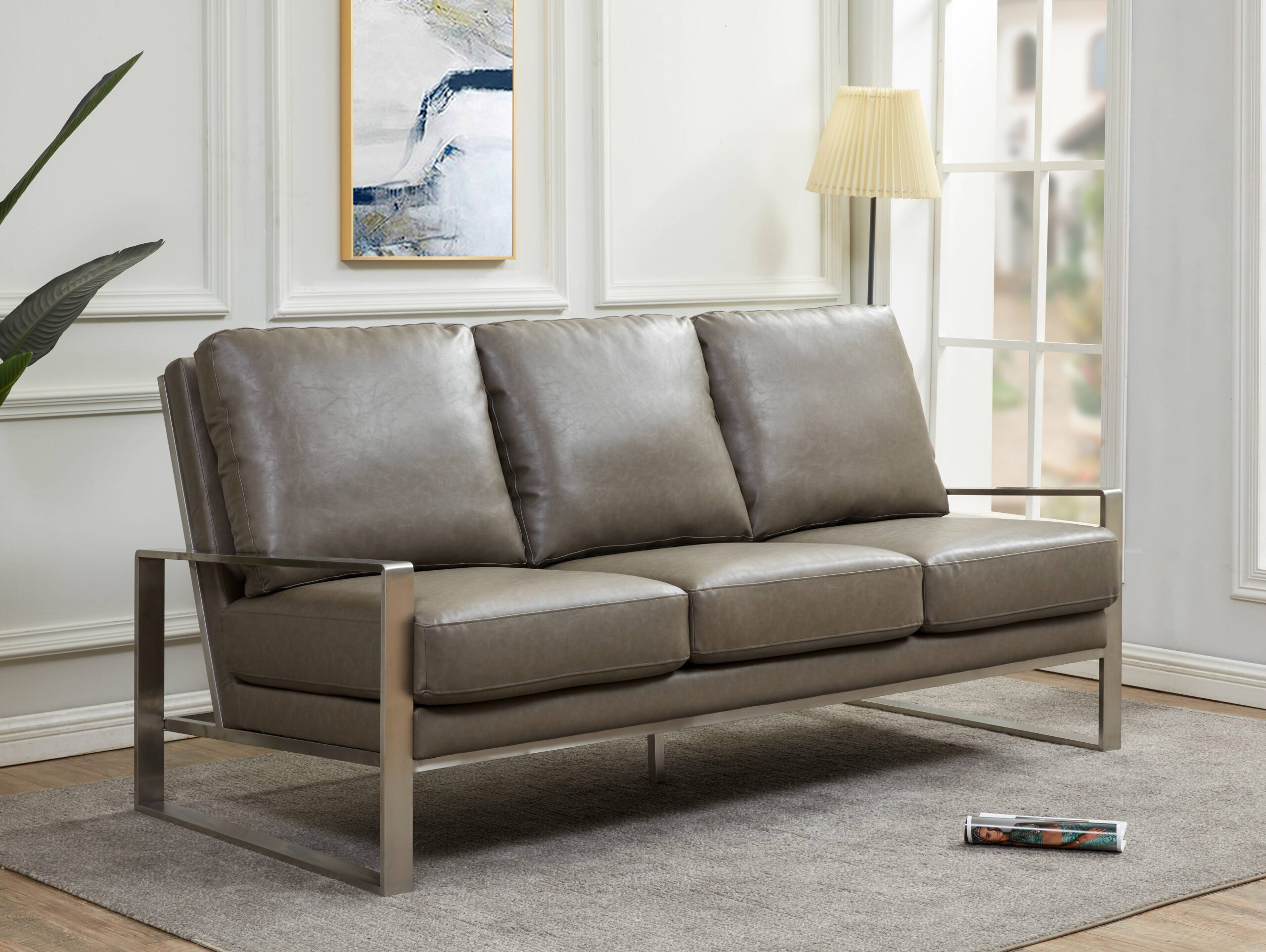 LeisureMod Jefferson Contemporary Modern Design Leather Sofa With Silver Frame - Gray