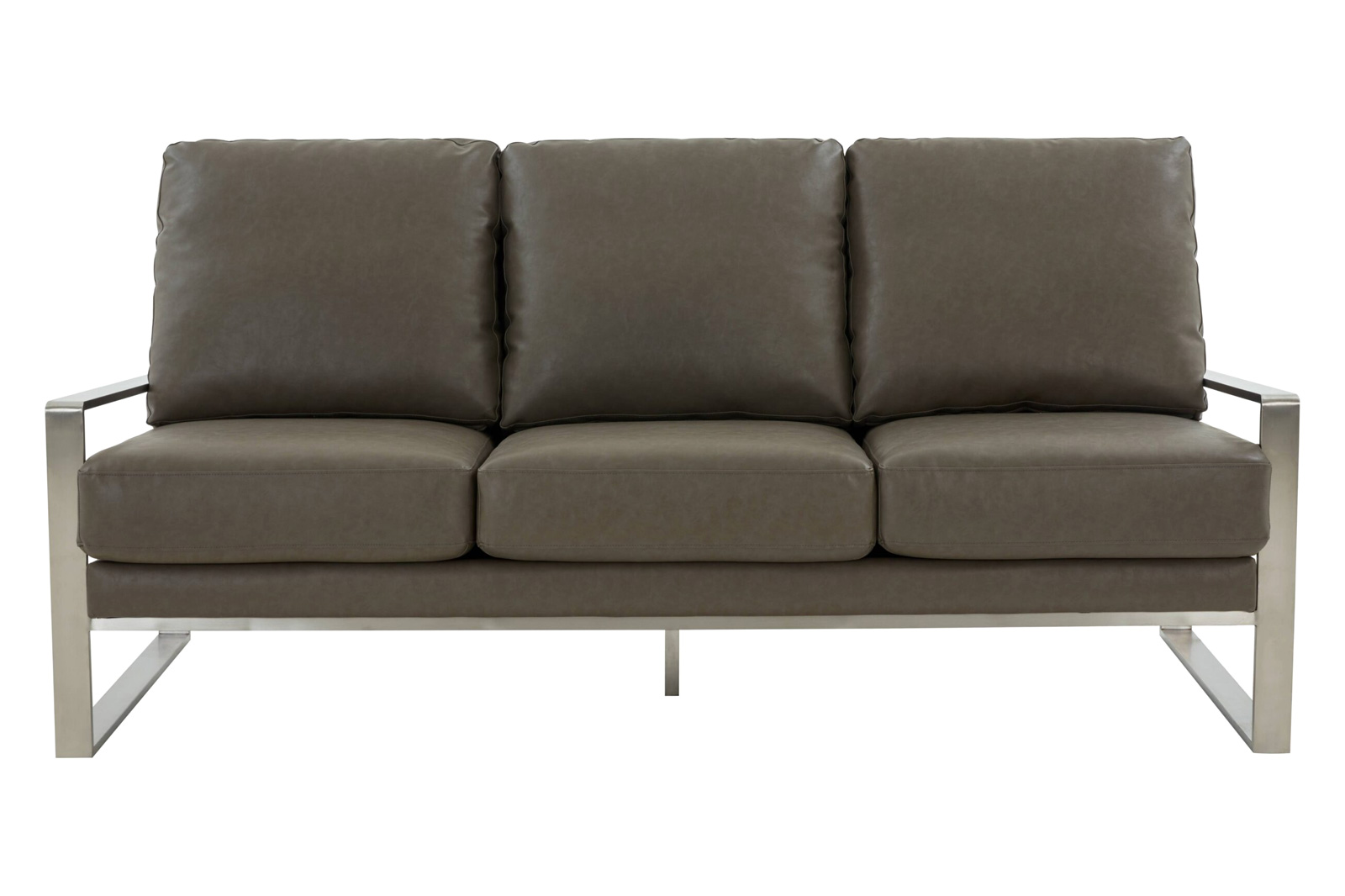 LeisureMod Jefferson Contemporary Modern Design Leather Sofa With Silver Frame - Gray