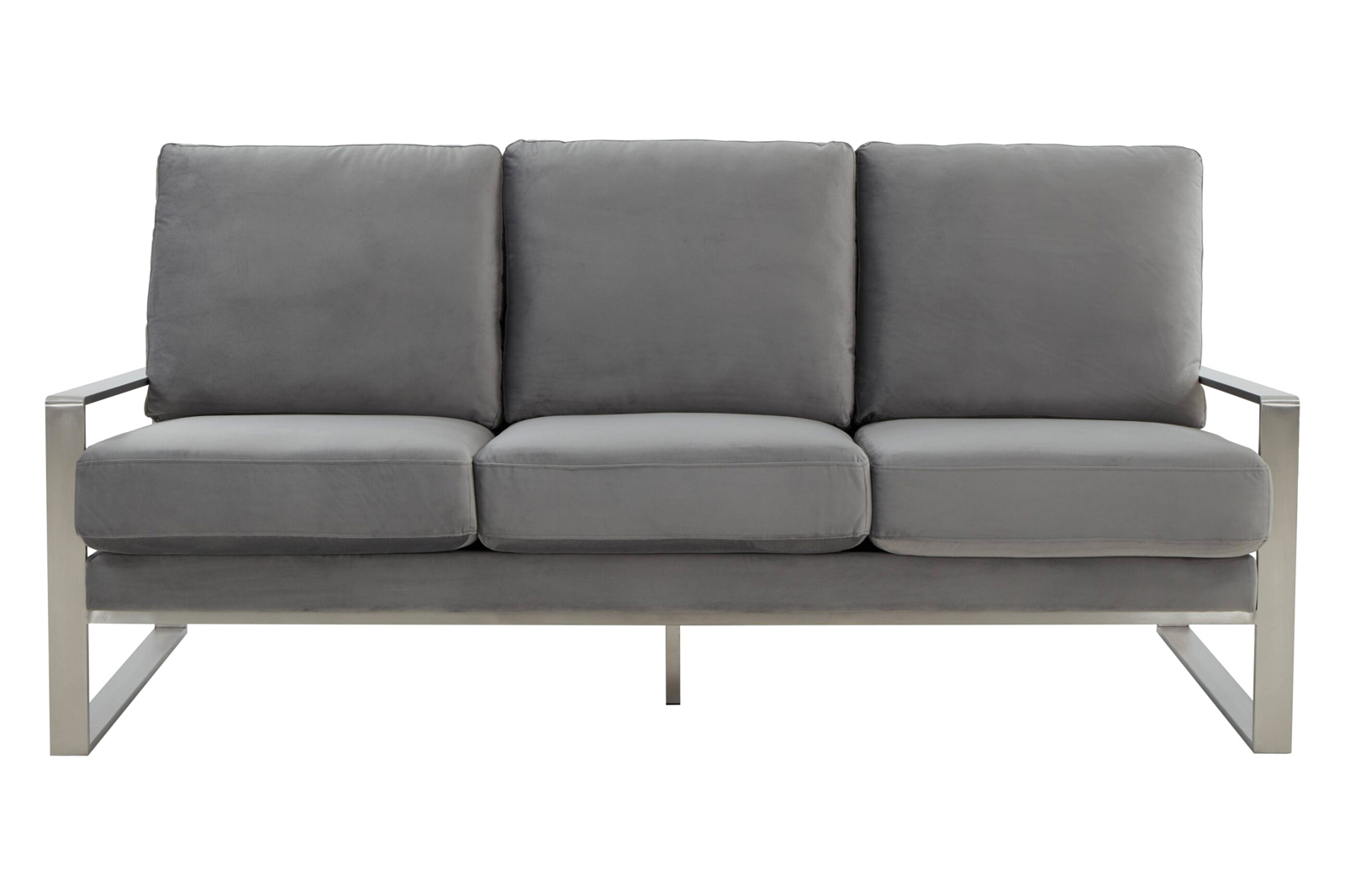 LeisureMod Jefferson Contemporary Modern Design Velvet Sofa With Silver Frame - Light Gray