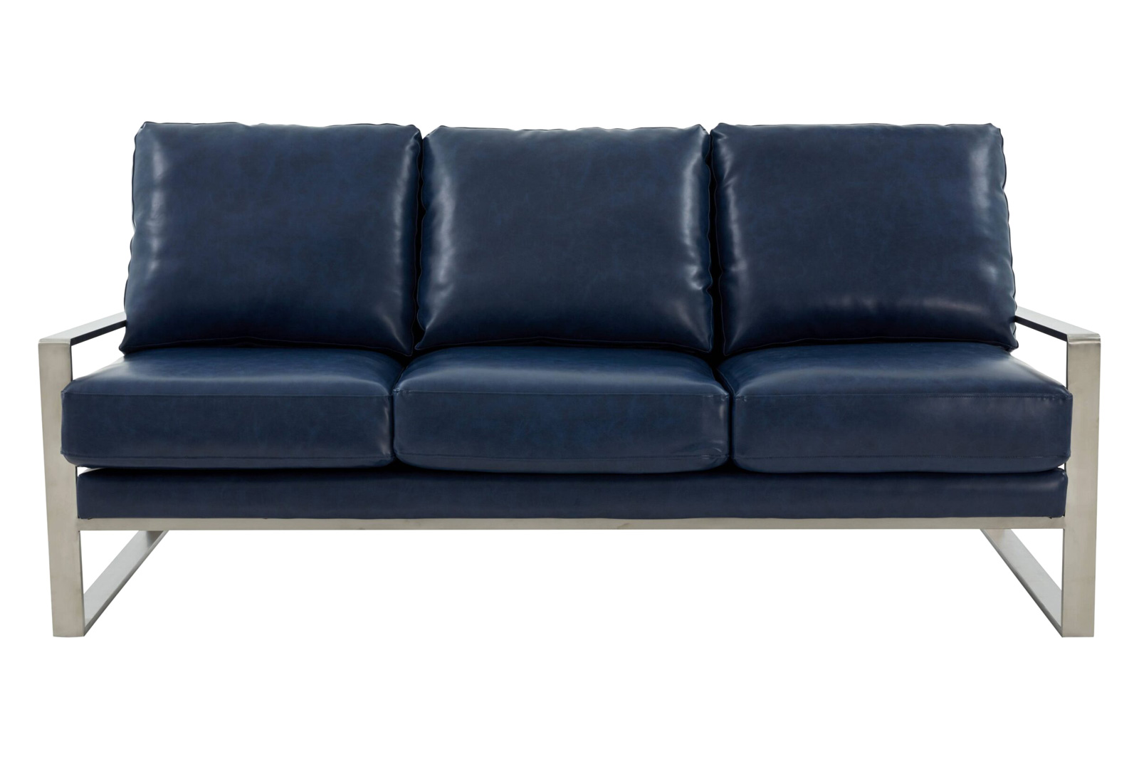 LeisureMod Jefferson Contemporary Modern Design Leather Sofa With Silver Frame - Navy Blue