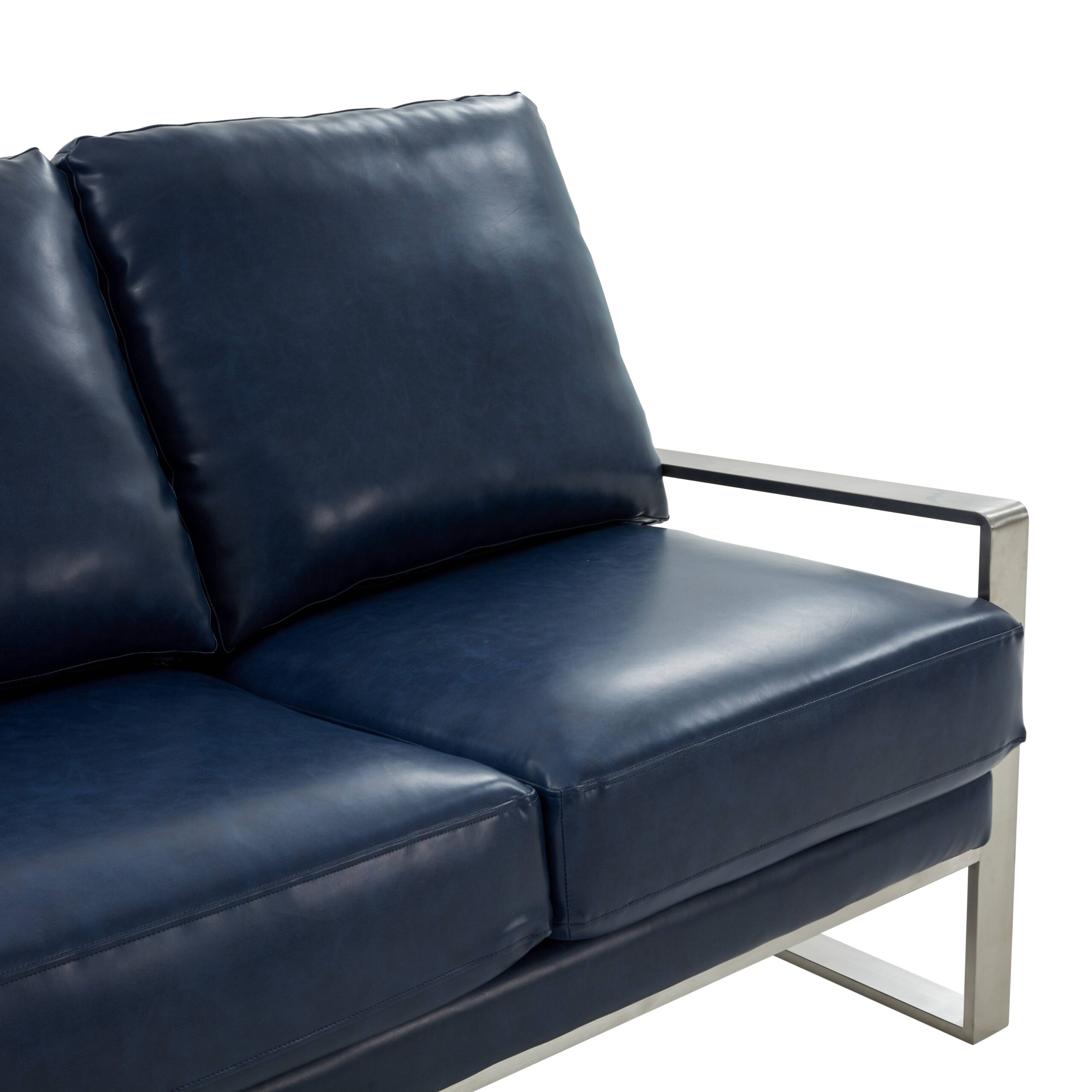 LeisureMod Jefferson Contemporary Modern Design Leather Sofa With Silver Frame - Navy Blue