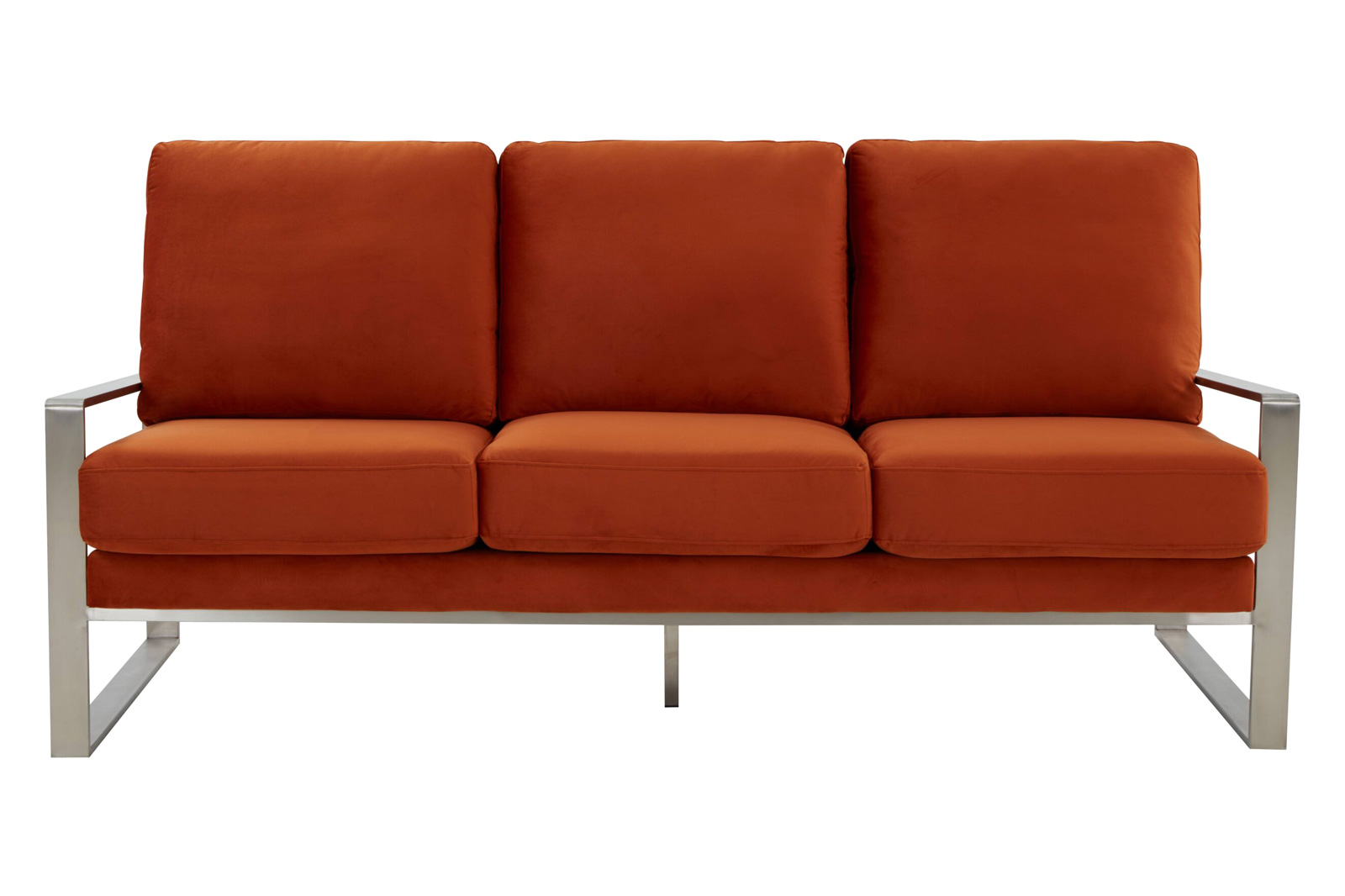 LeisureMod Jefferson Contemporary Modern Design Velvet Sofa With Silver Frame - Orange