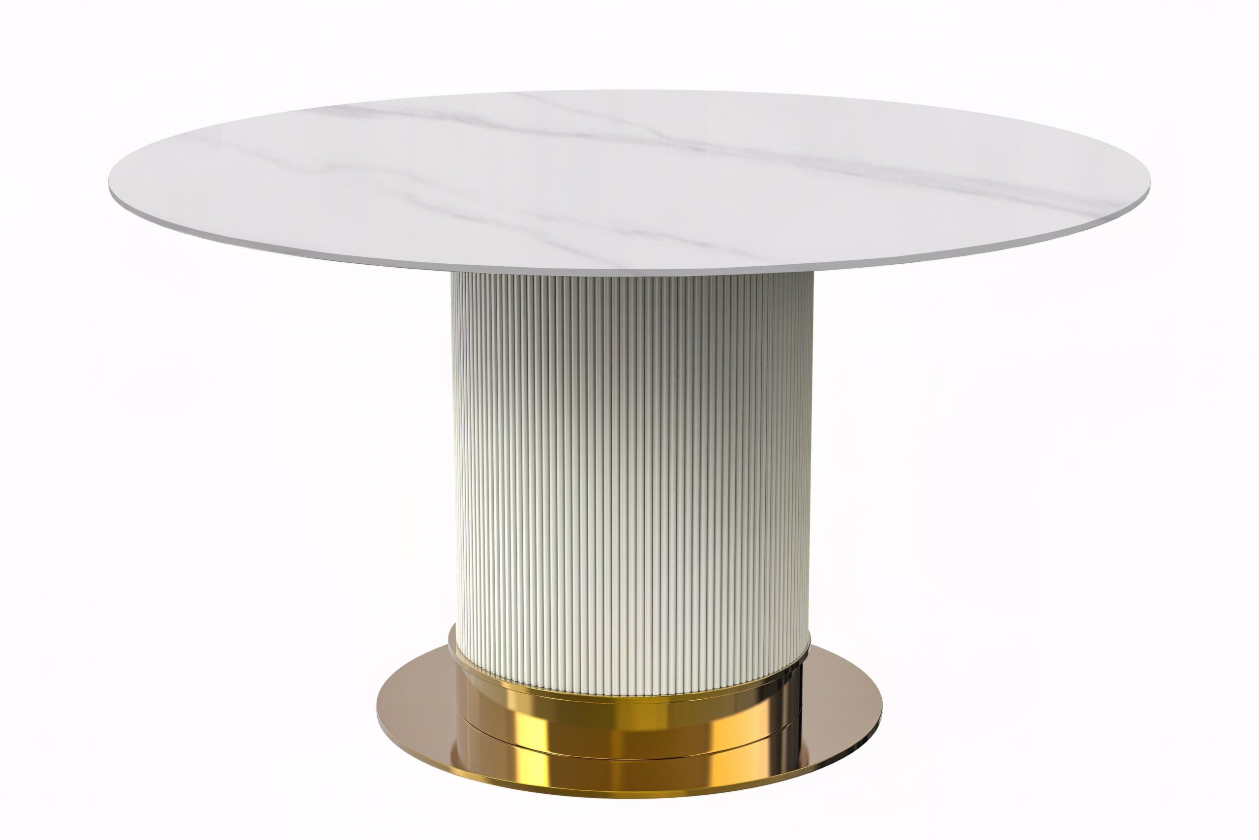 LeisureMod Jexis Modern 60" Round Dining Table with Glass Top and White/Gold Pedestal Base