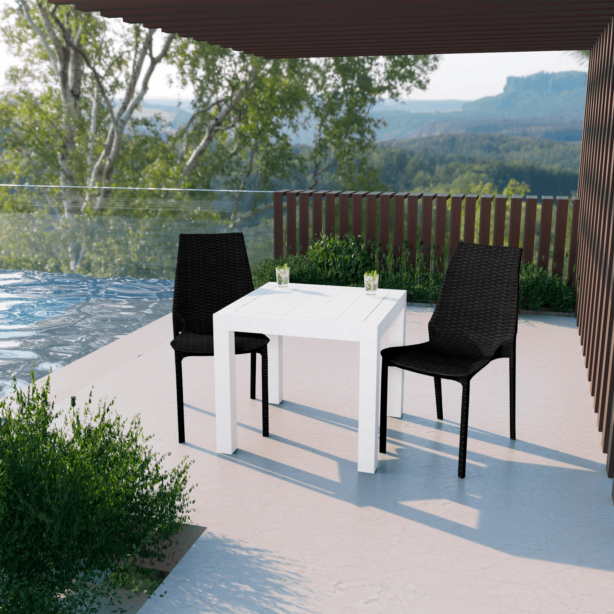 LeisureMod Kent Outdoor White Table With 2 Black Chairs Dining Set - White/Black