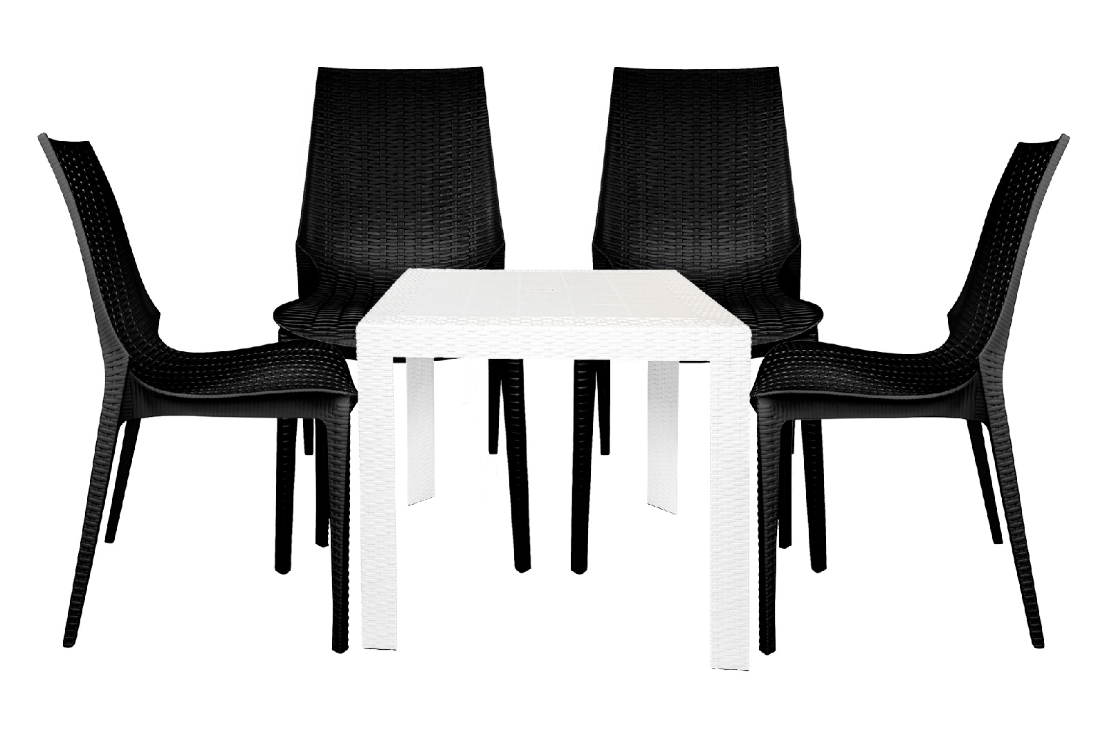 LeisureMod Kent Outdoor White Table With 4 Black Chairs Dining Set