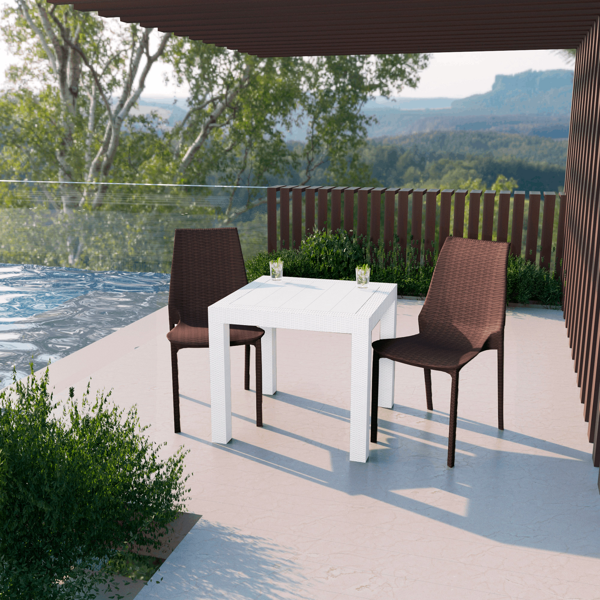 LeisureMod Kent Outdoor White Table With 2 Brown Chairs Dining Set - White/Brown