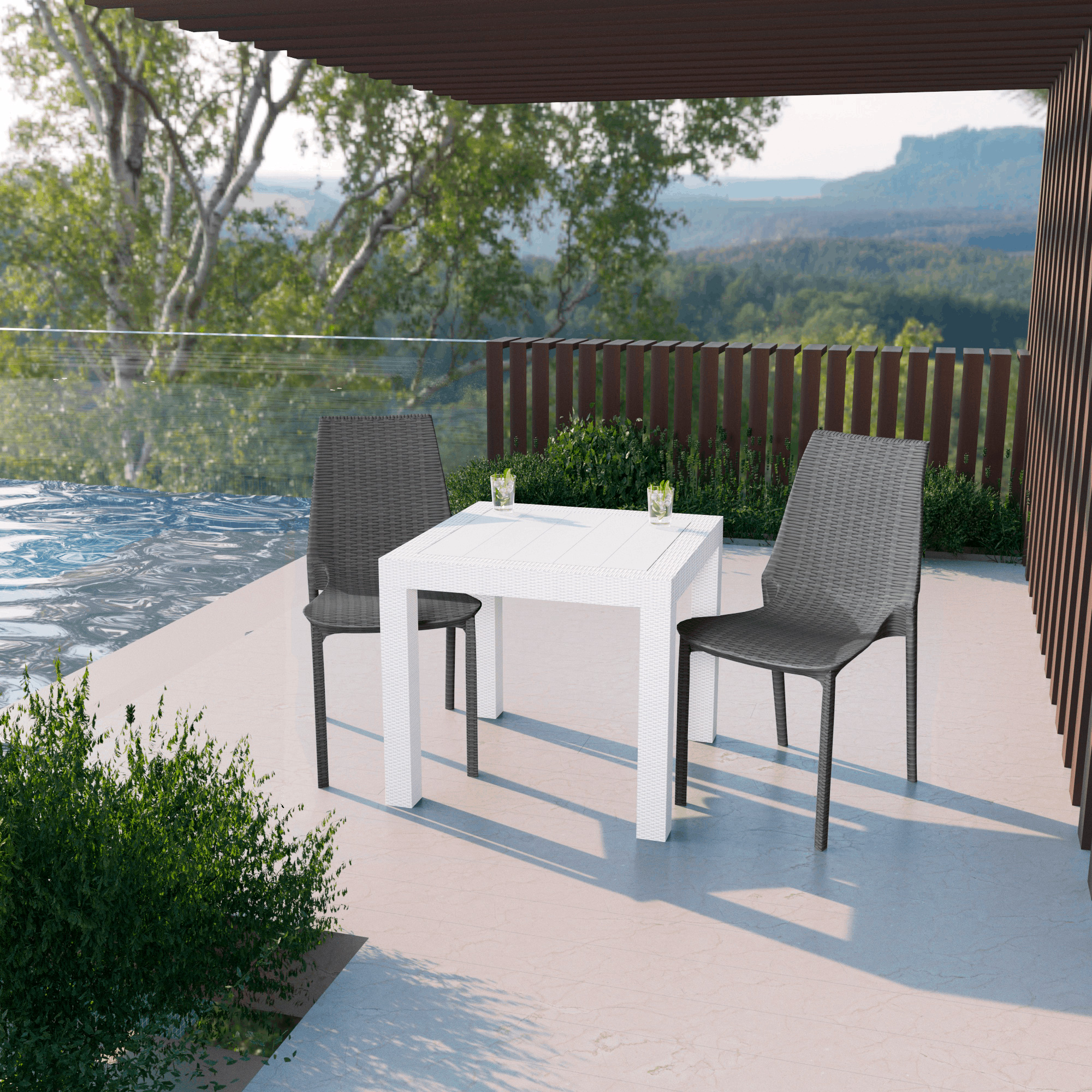 LeisureMod Kent Outdoor White Table With 2 Black Chairs Dining Set