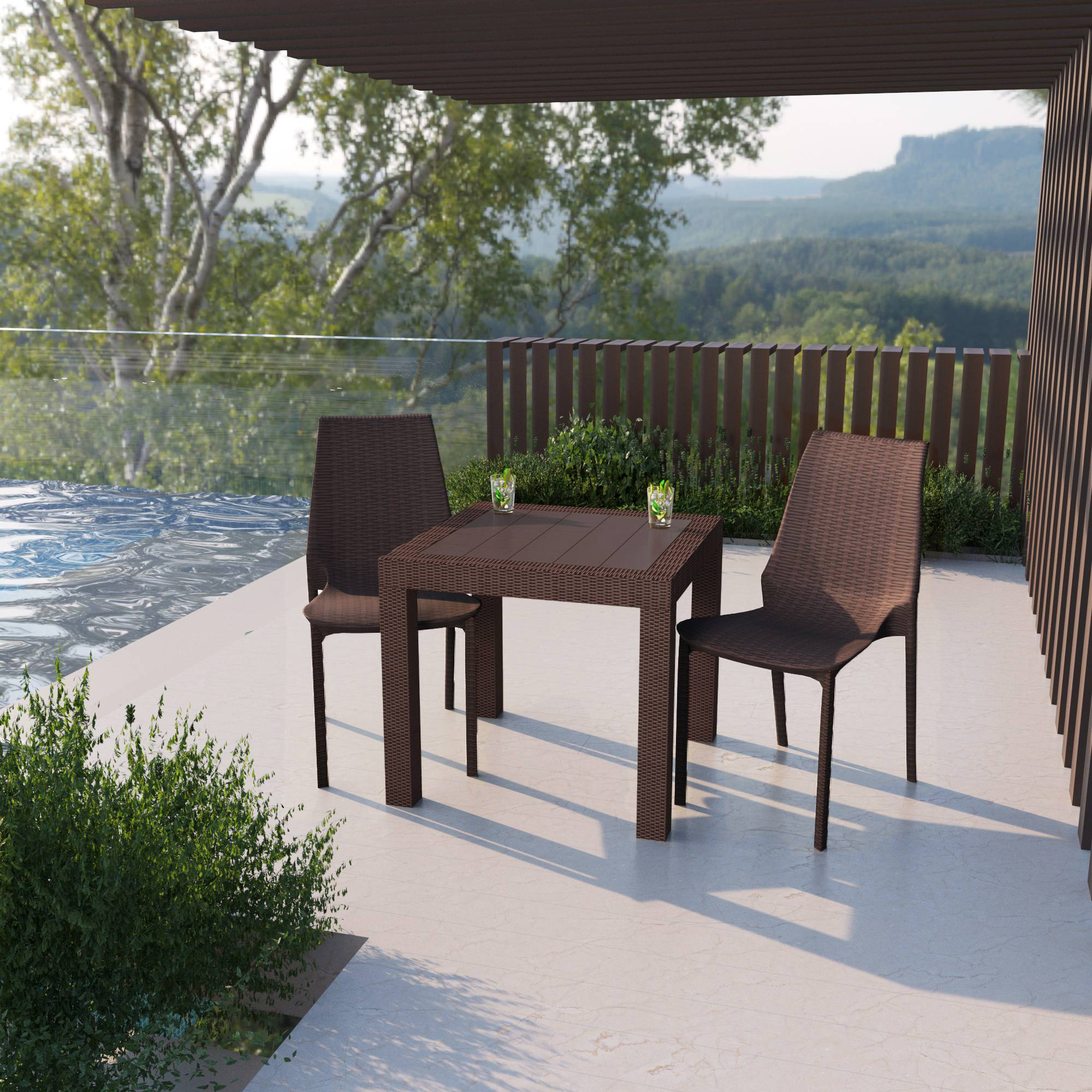 LeisureMod Kent Outdoor Dining Set With 2 Chairs - Brown