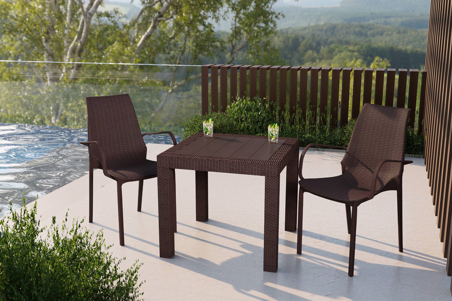 LeisureMod Kent Outdoor Dining Arm Chair - Brown