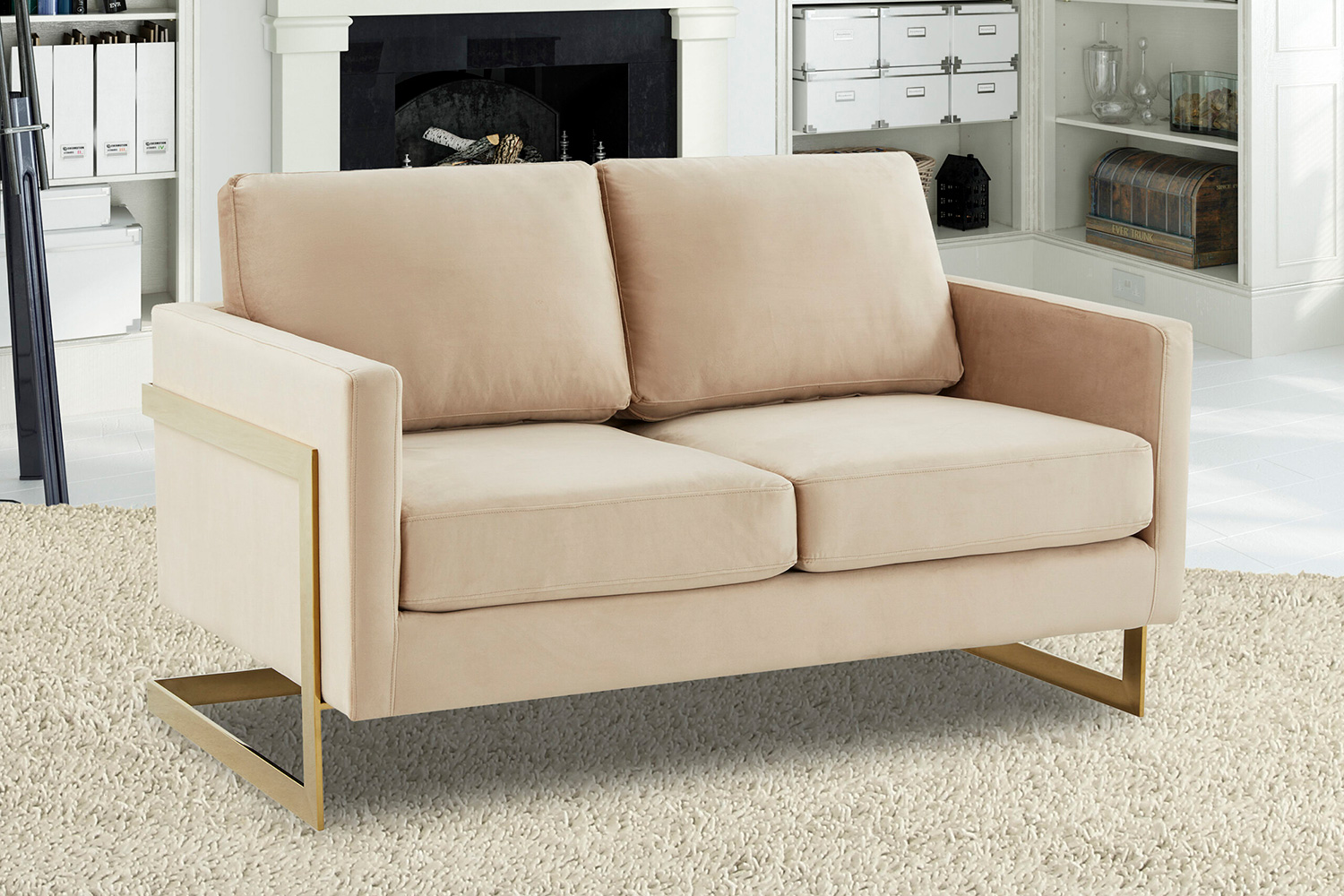 LeisureMod Lincoln Velvet Loveseat with Gold Frame - Beige