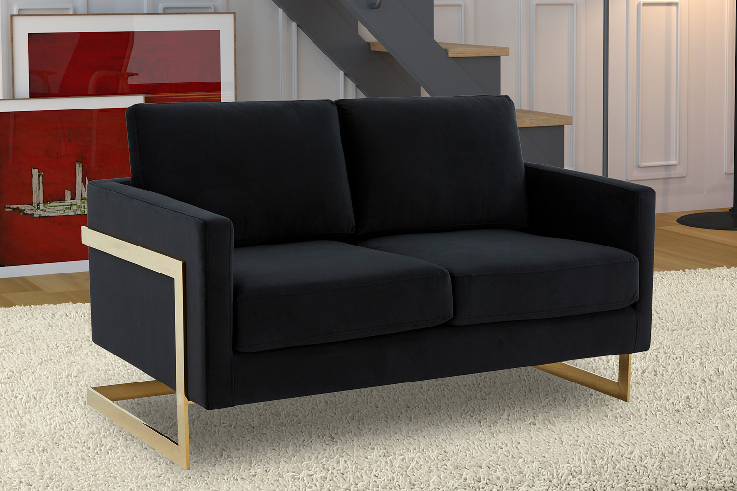 LeisureMod Lincoln Velvet Loveseat with Gold Frame - Midnight Black