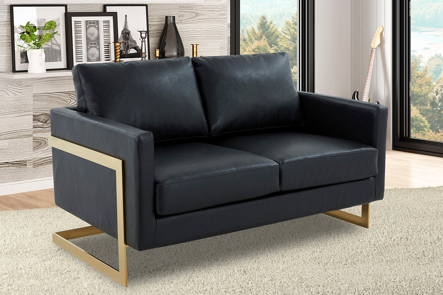 LeisureMod Lincoln Leather Loveseat with Gold Frame - Black