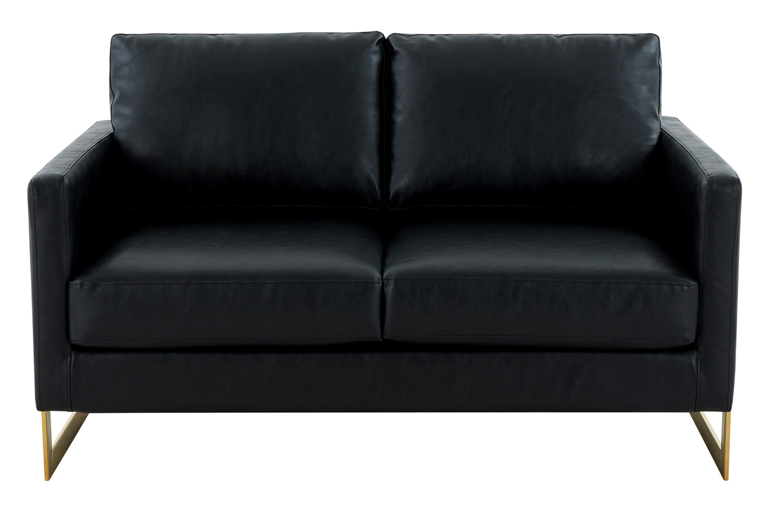 LeisureMod Lincoln Leather Loveseat with Gold Frame - Black