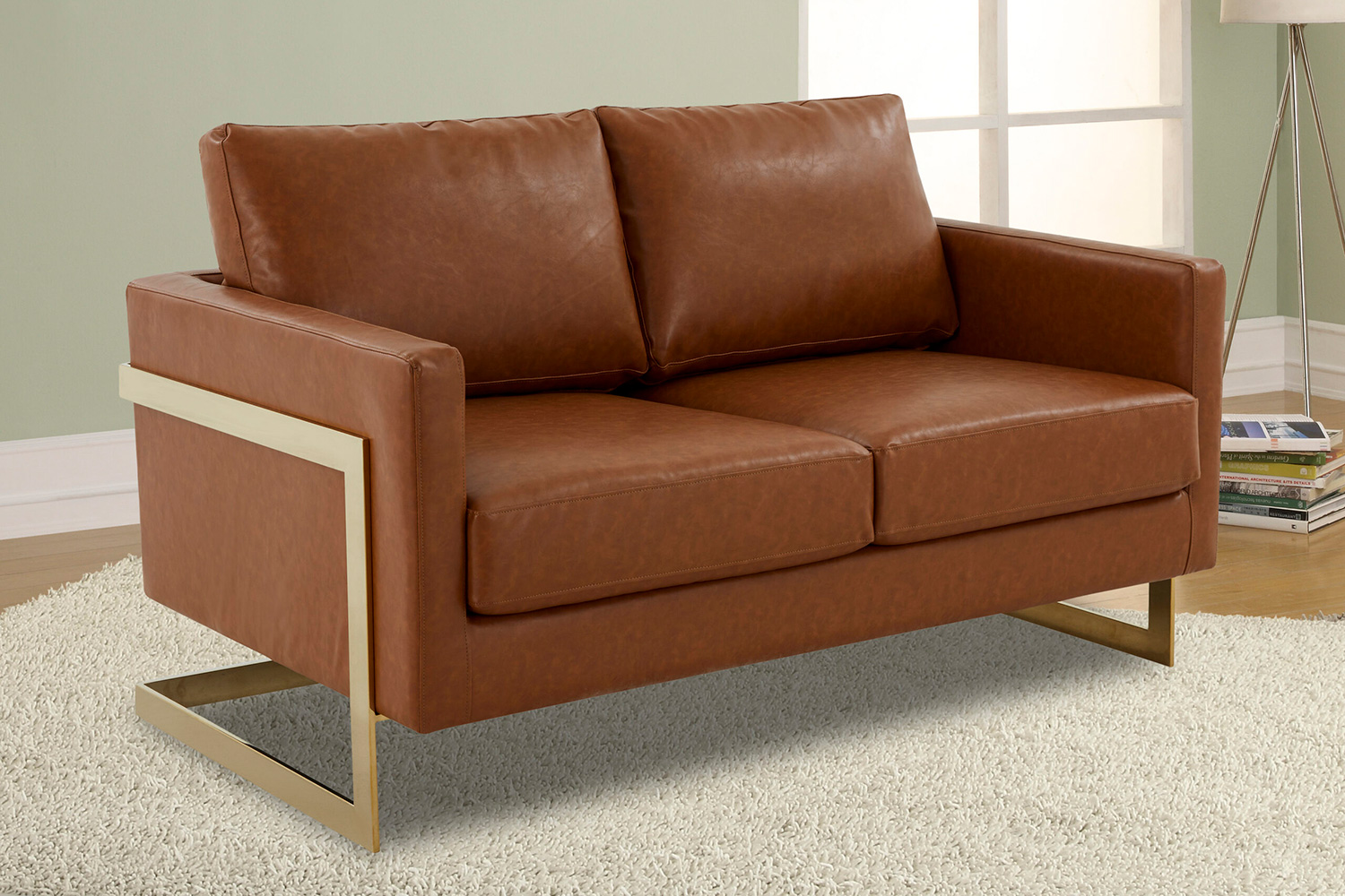 LeisureMod Lincoln Leather Loveseat with Gold Frame - Cognac/Tan