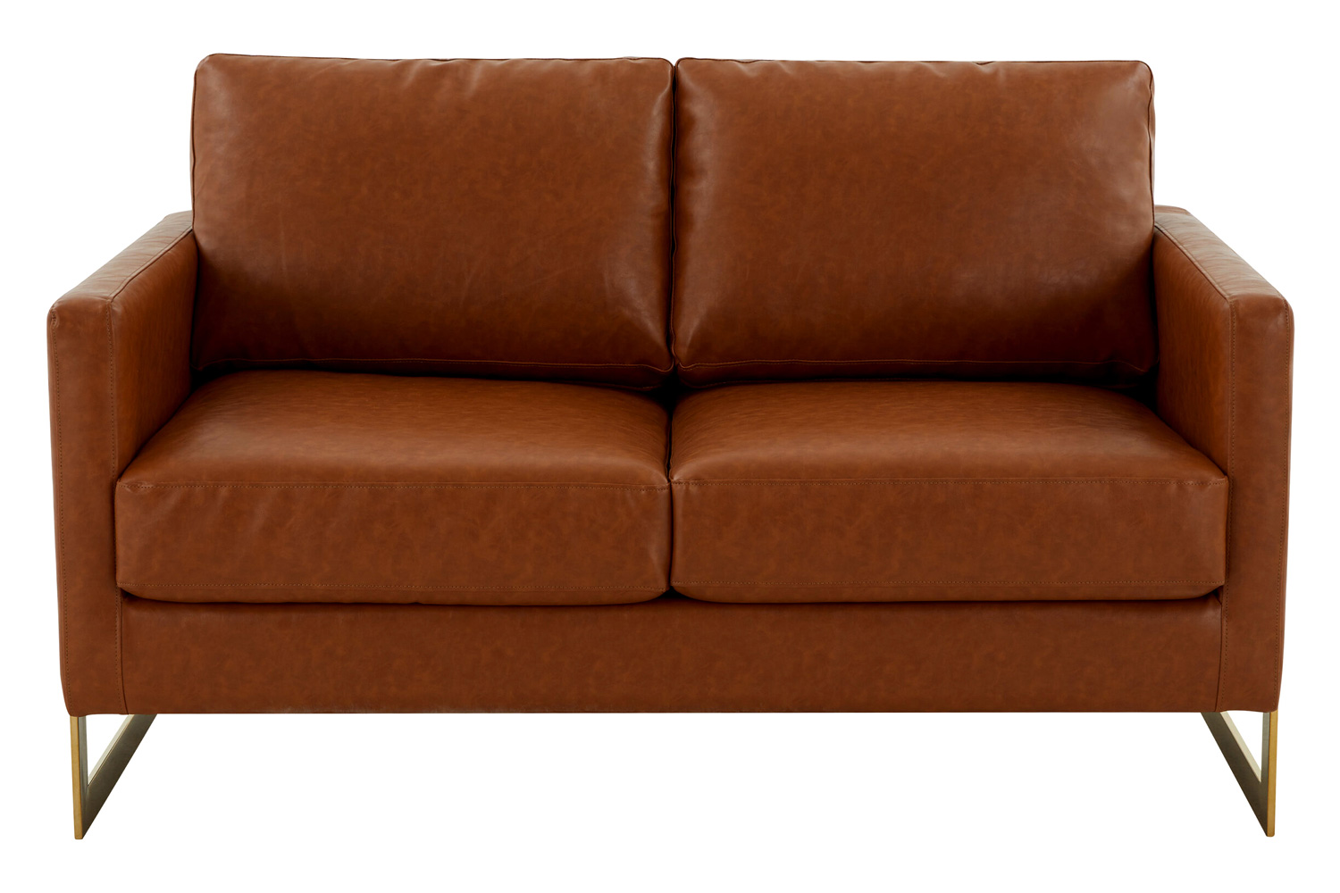 LeisureMod Lincoln Leather Loveseat with Gold Frame - Cognac/Tan