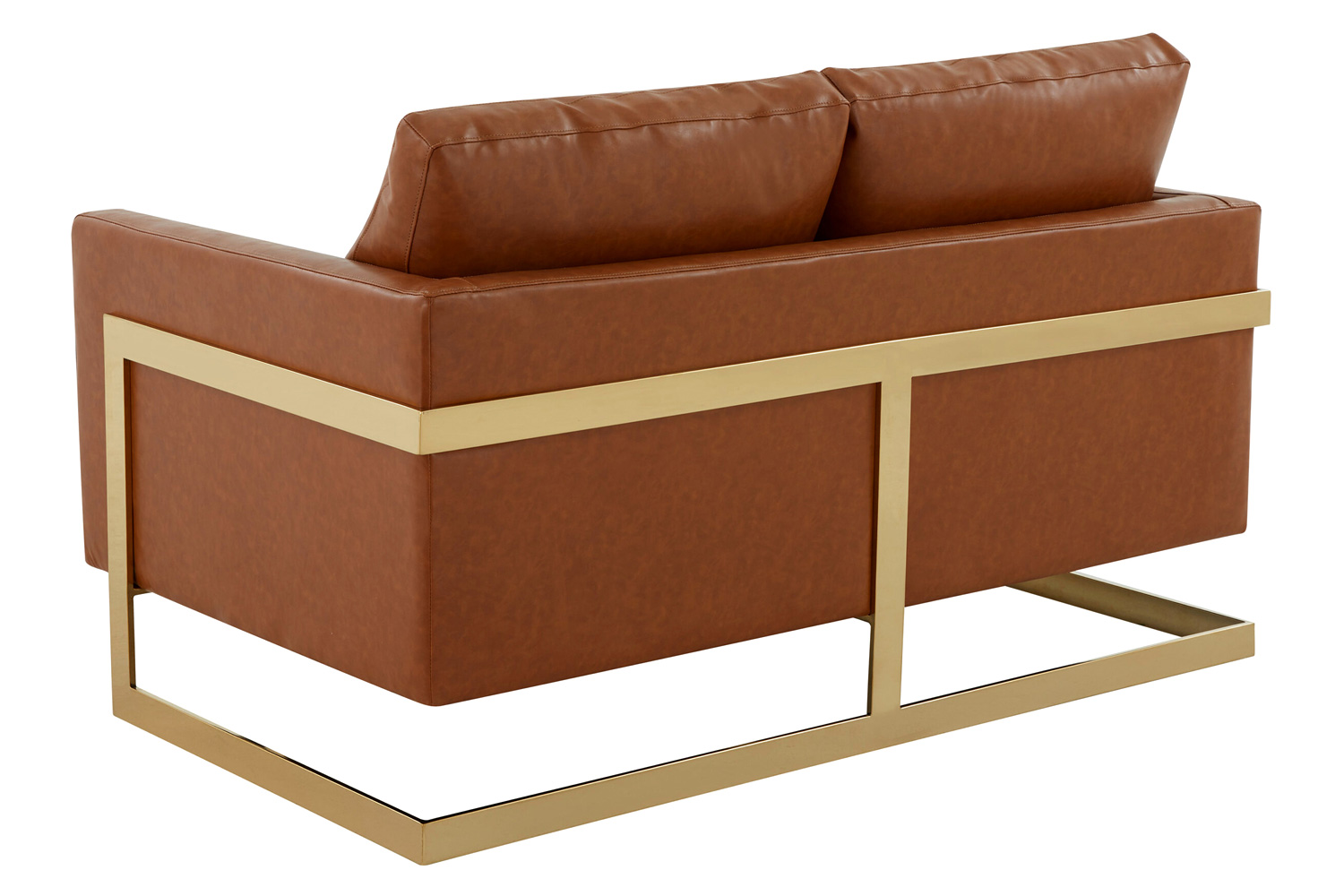 LeisureMod Lincoln Leather Loveseat with Gold Frame - Cognac/Tan