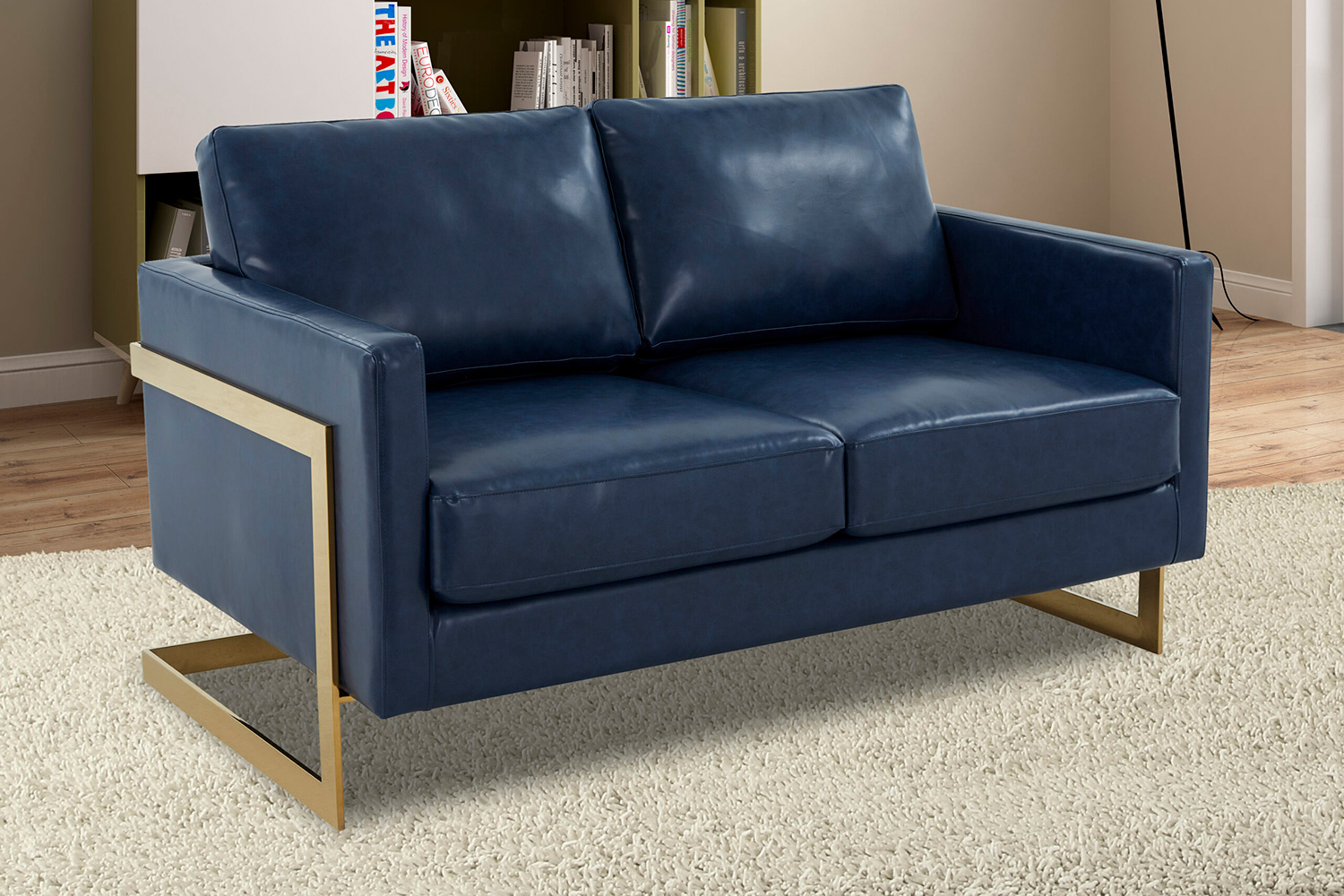 LeisureMod Lincoln Leather Loveseat with Gold Frame - Navy Blue