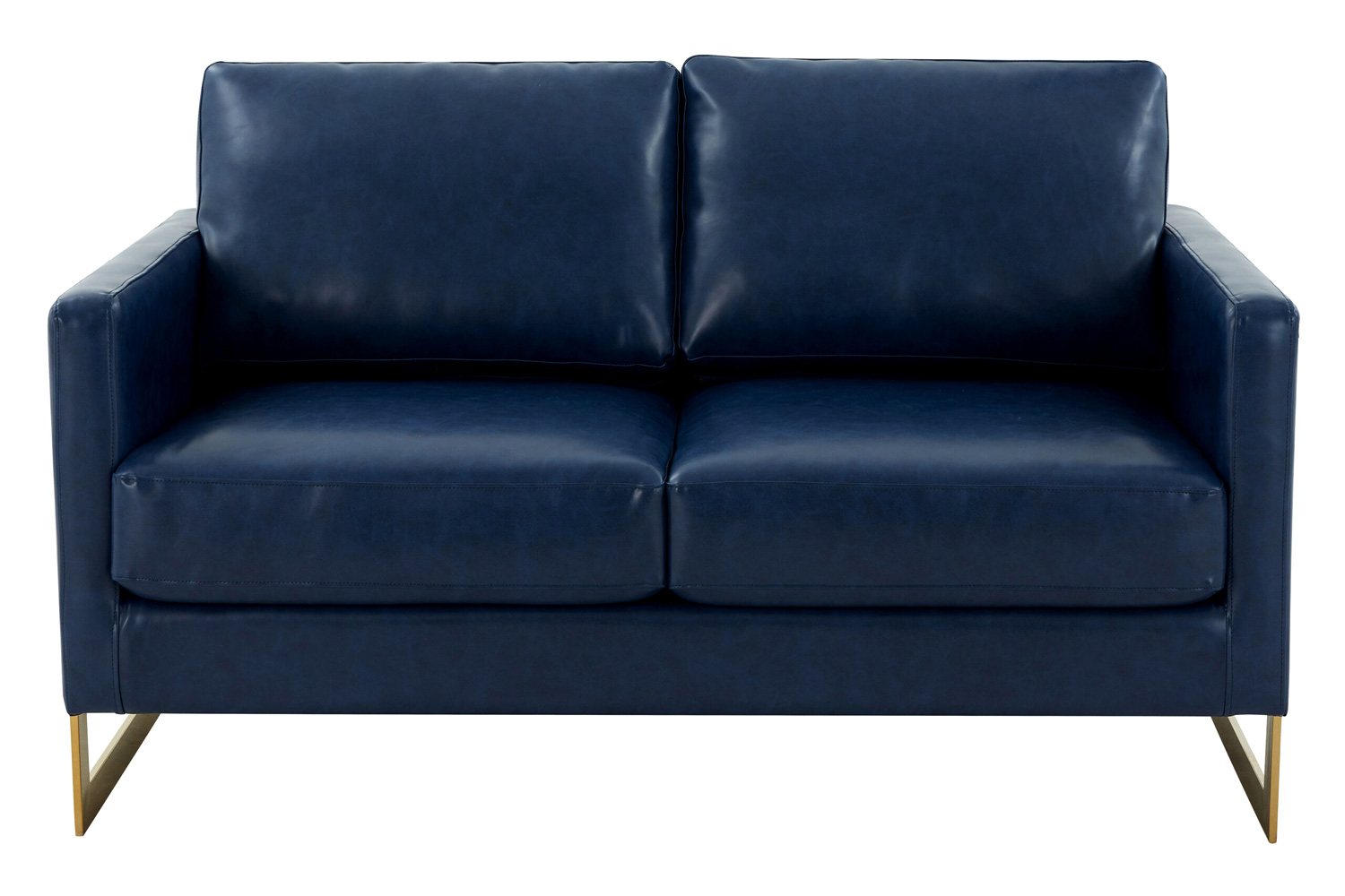 LeisureMod Lincoln Leather Loveseat with Gold Frame - Navy Blue