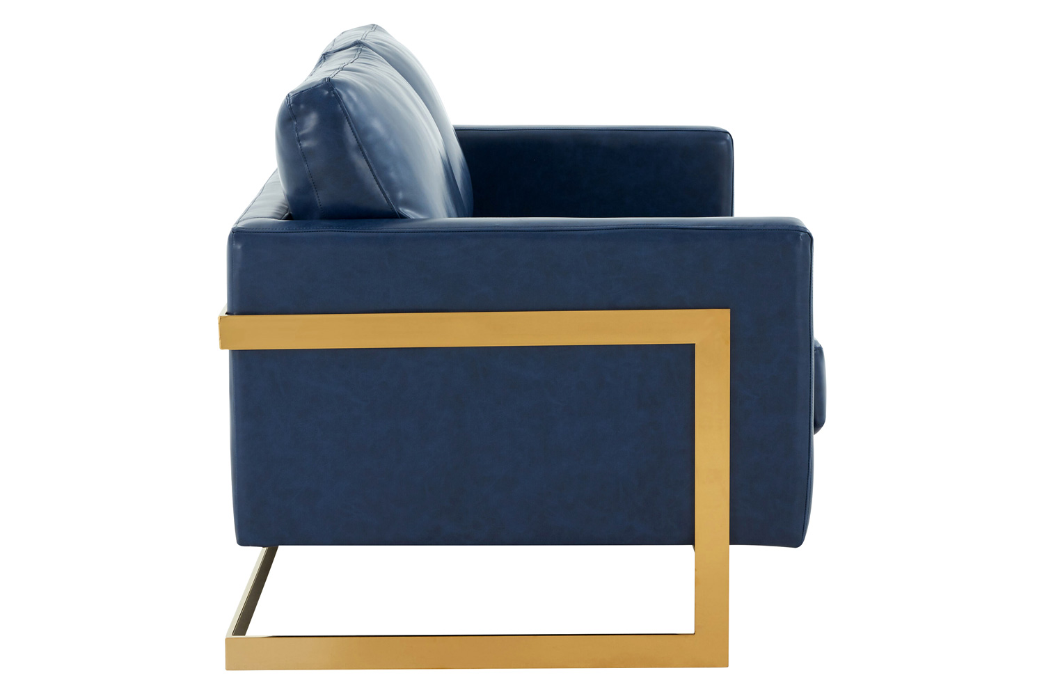 LeisureMod Lincoln Leather Loveseat with Gold Frame - Navy Blue