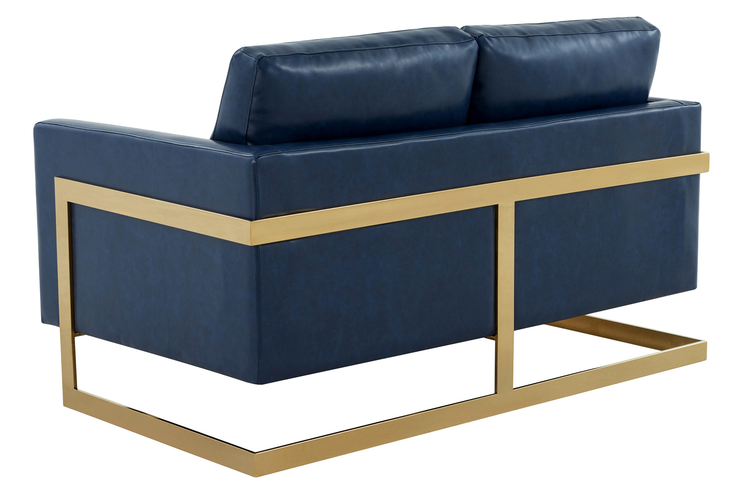 LeisureMod Lincoln Leather Loveseat with Gold Frame - Navy Blue