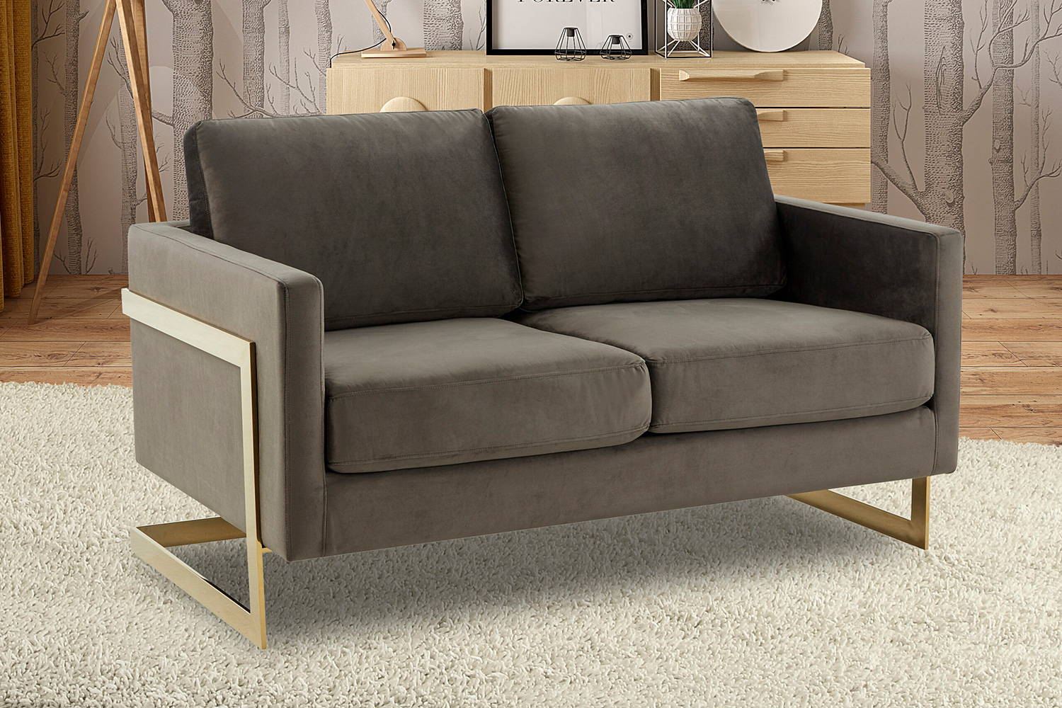 LeisureMod Lincoln Velvet Loveseat with Gold Frame - Dark Gray