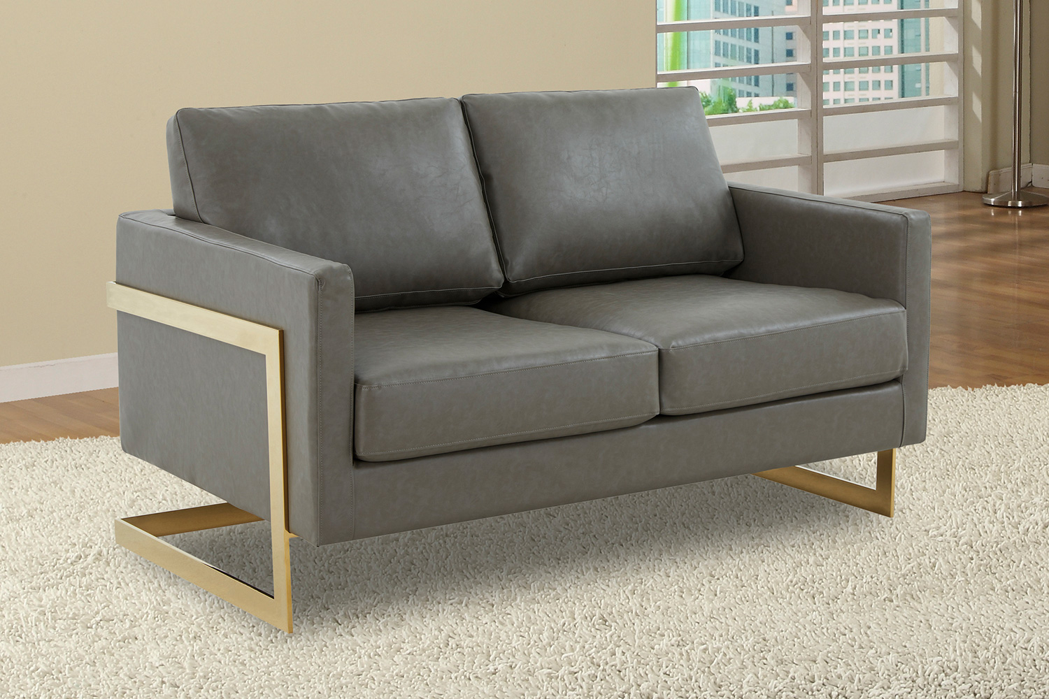 LeisureMod Lincoln Leather Loveseat with Gold Frame - Gray