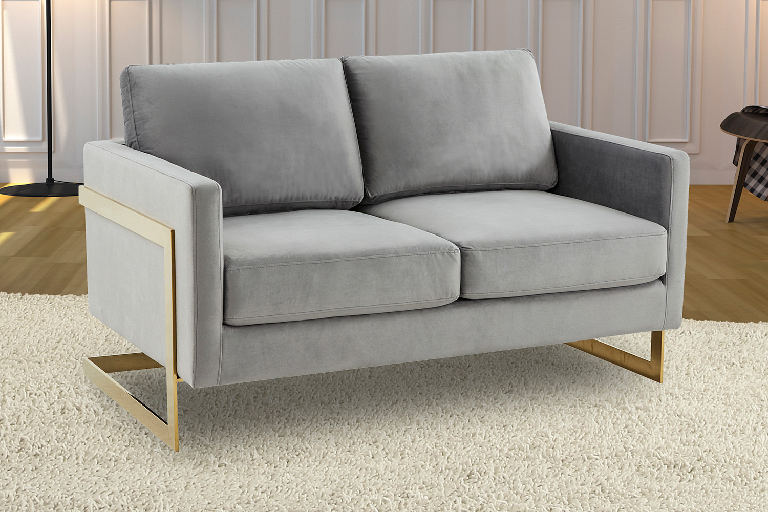 LeisureMod Lincoln Velvet Loveseat with Gold Frame - Light Gray