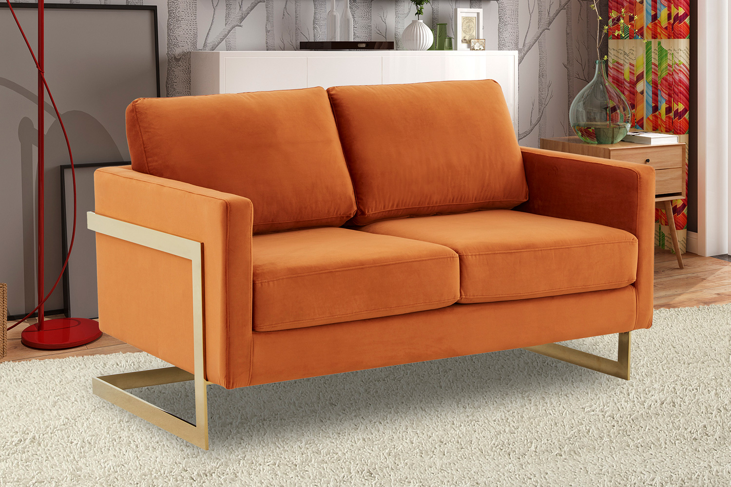 LeisureMod Lincoln Velvet Loveseat with Gold Frame - Orange/Marmalade