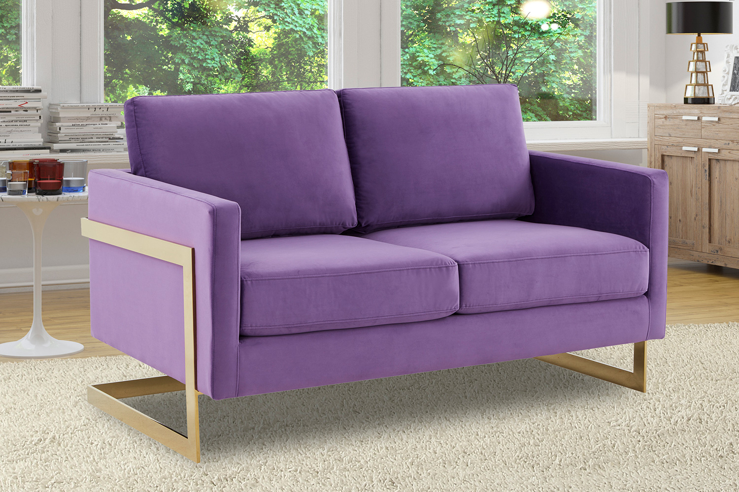 LeisureMod Lincoln Velvet Loveseat with Gold Frame - Purple