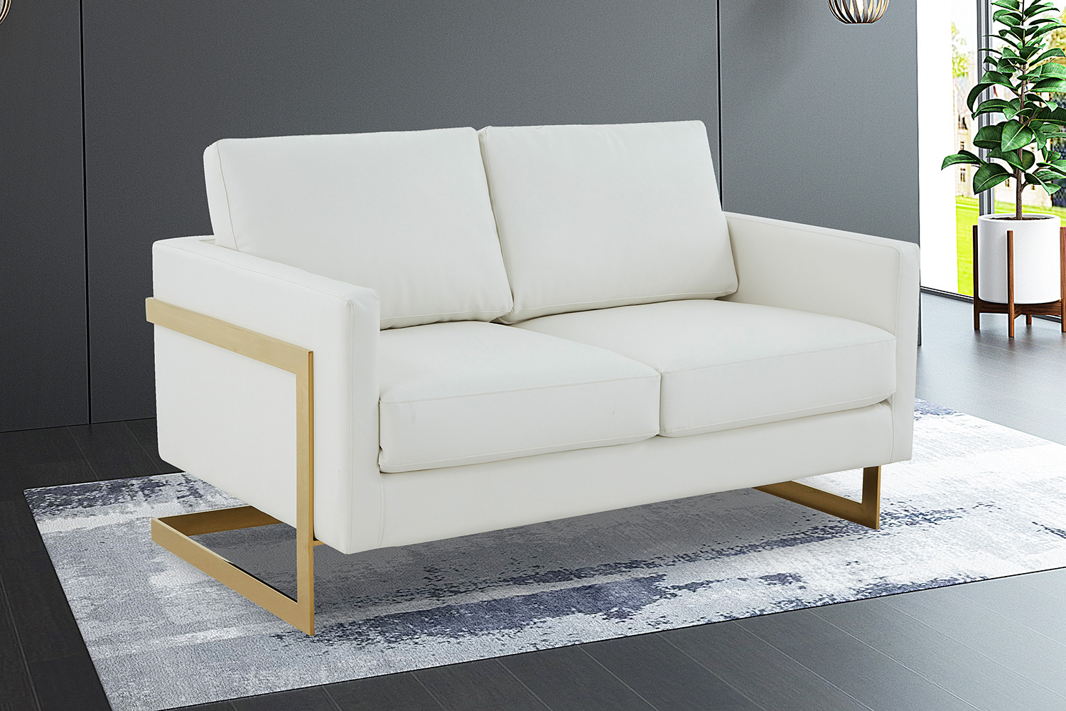 LeisureMod Lincoln Leather Loveseat with Gold Frame - White