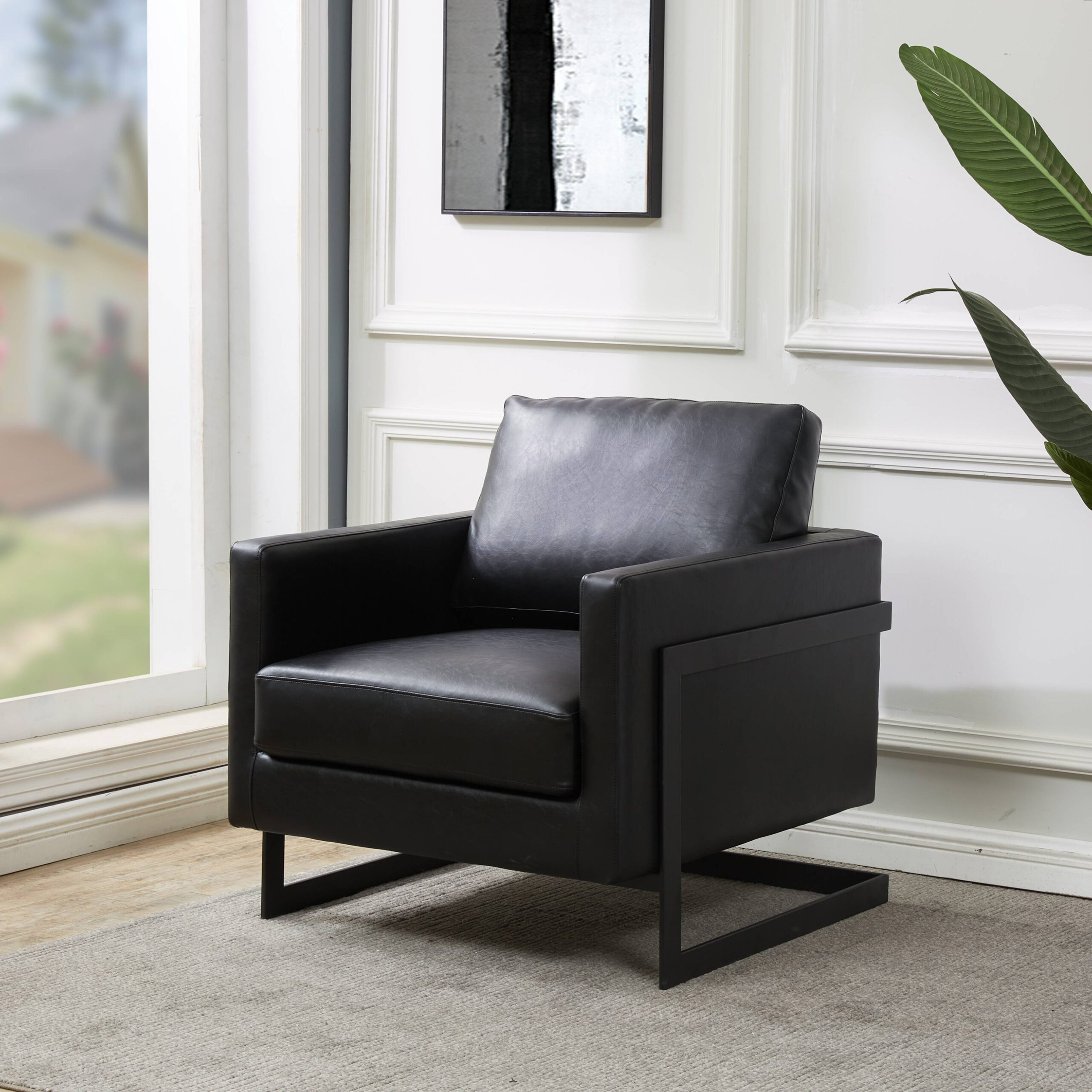 LeisureMod™ Lincoln Modern Leather Armchair with Black Steel Frame - Black