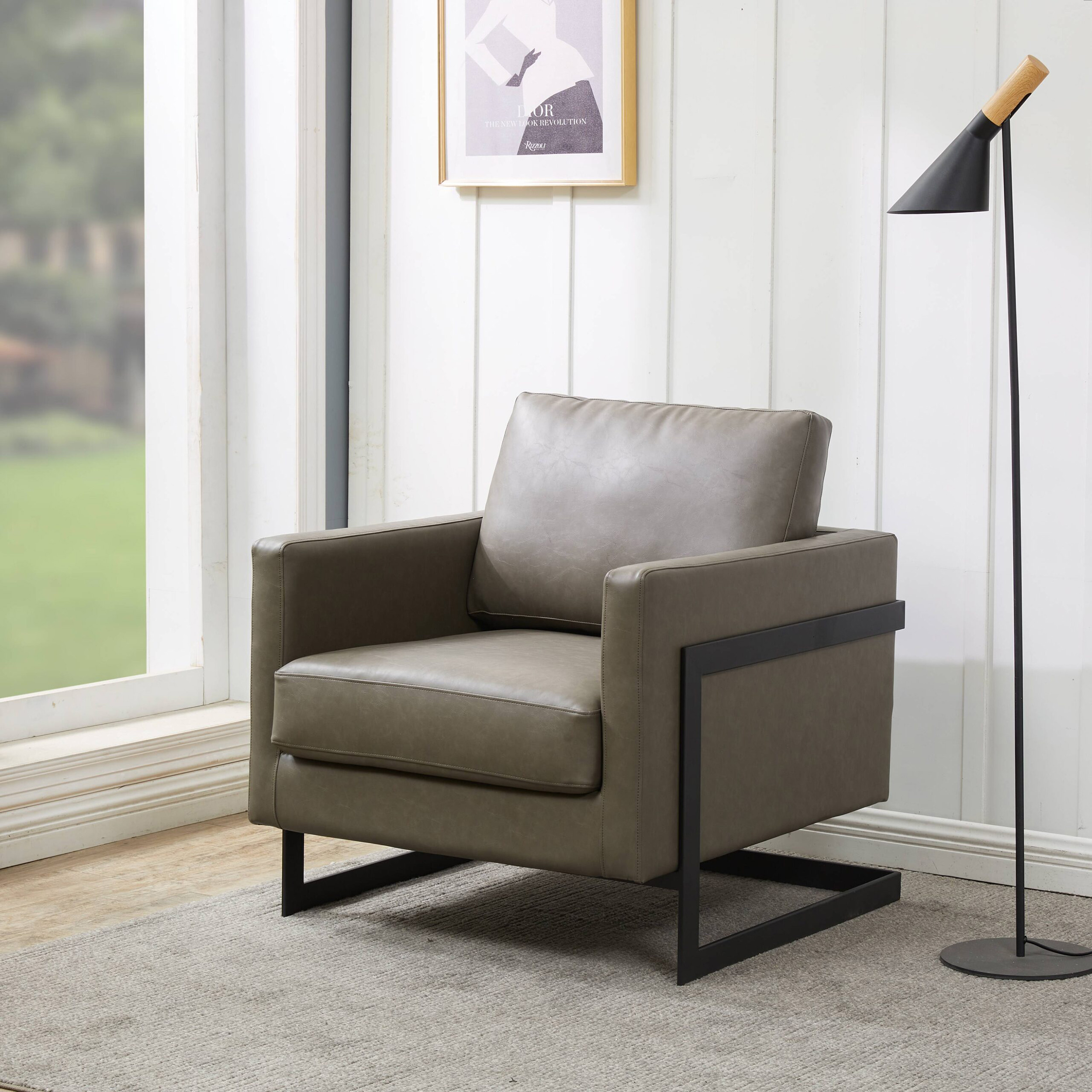 LeisureMod™ Lincoln Modern Leather Armchair with Black Steel Frame - Gray