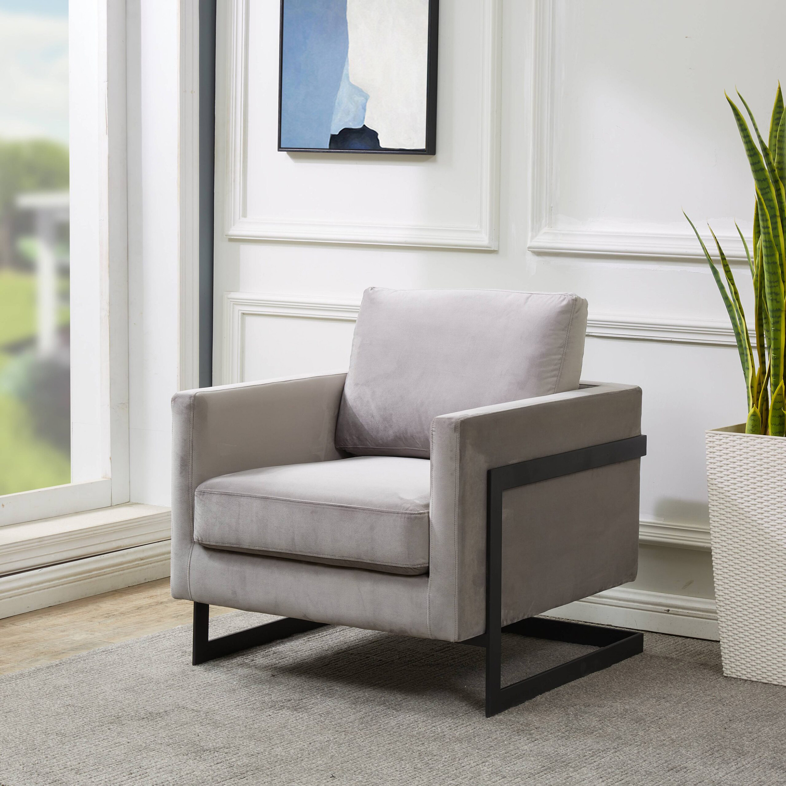 LeisureMod™ Lincoln Velvet Accent Armchair with Black Steel Frame - Light Gray