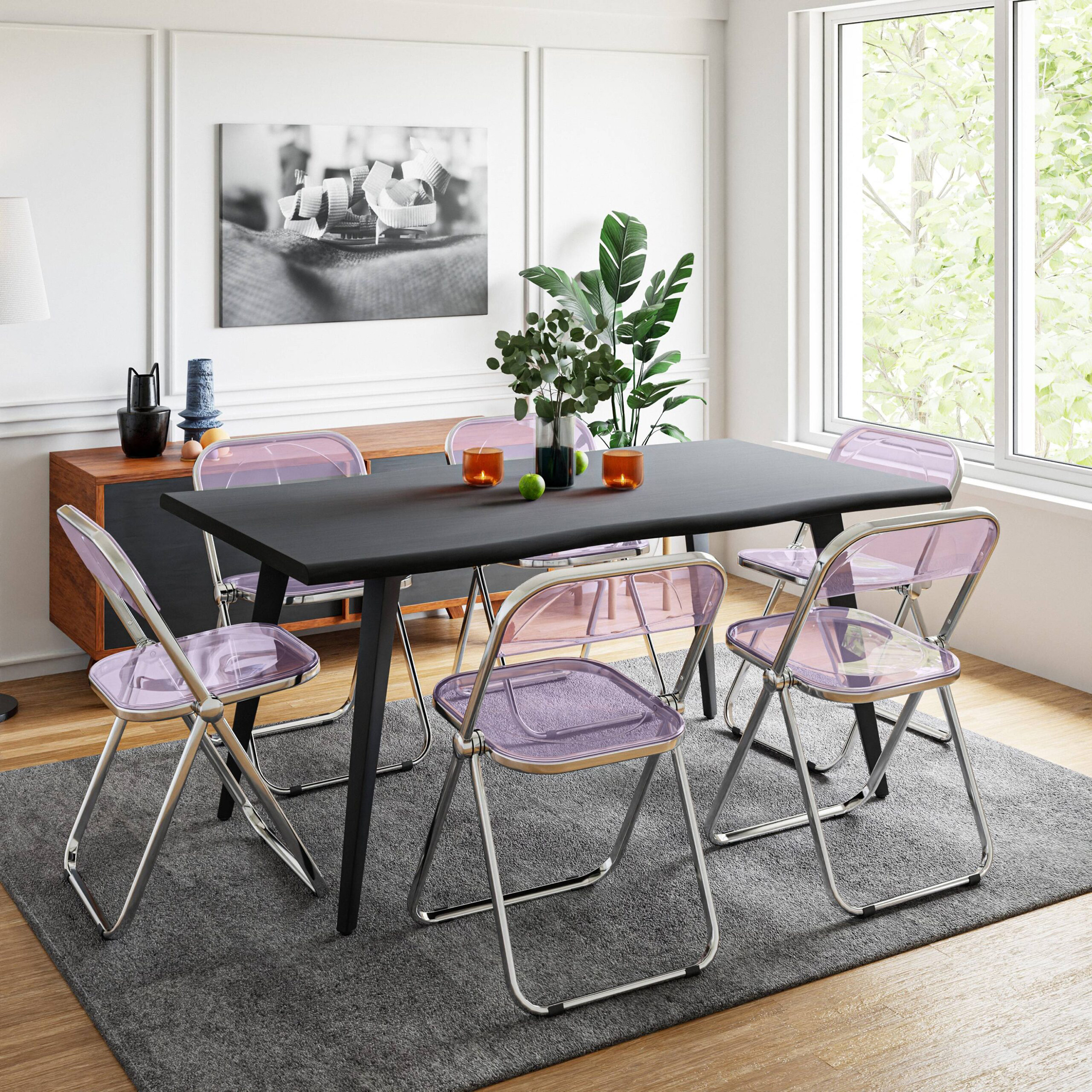 LeisureMod Lawrence 7-Piece Dining Set with Folding Acrylic Dining Chairs and Rectangular Wood Dining Table - Magenta