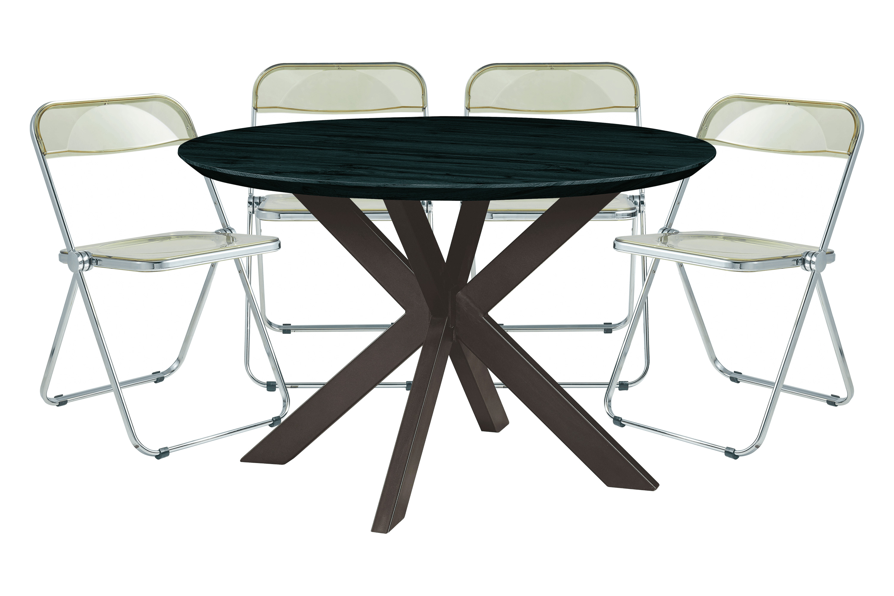 LeisureMod - Lawrence 5-Piece Dining Set with Folding Acrylic Dining Chairs and Round Dining Table with Geometric Base