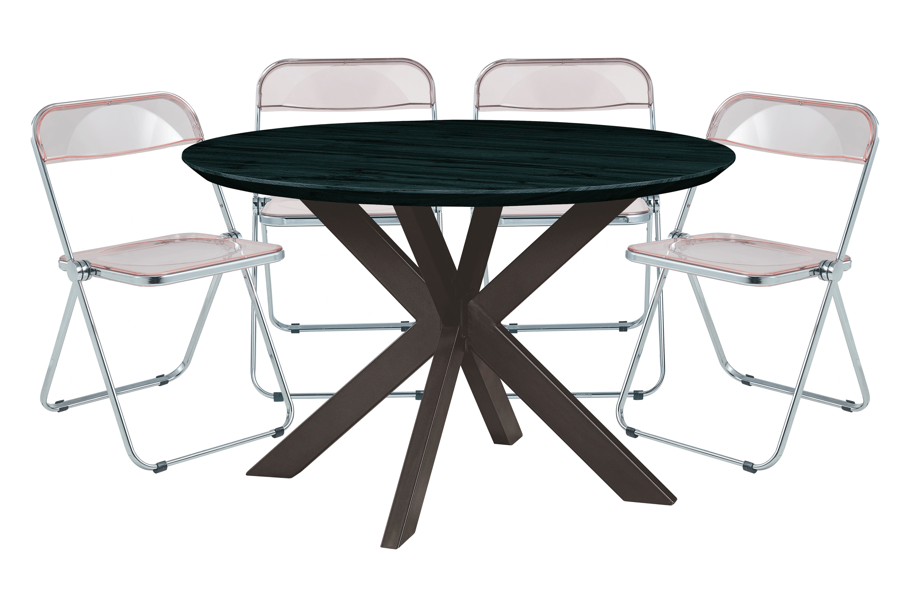 LeisureMod - Lawrence 5-Piece Dining Set with Folding Acrylic Dining Chairs and Round Dining Table with Geometric Base