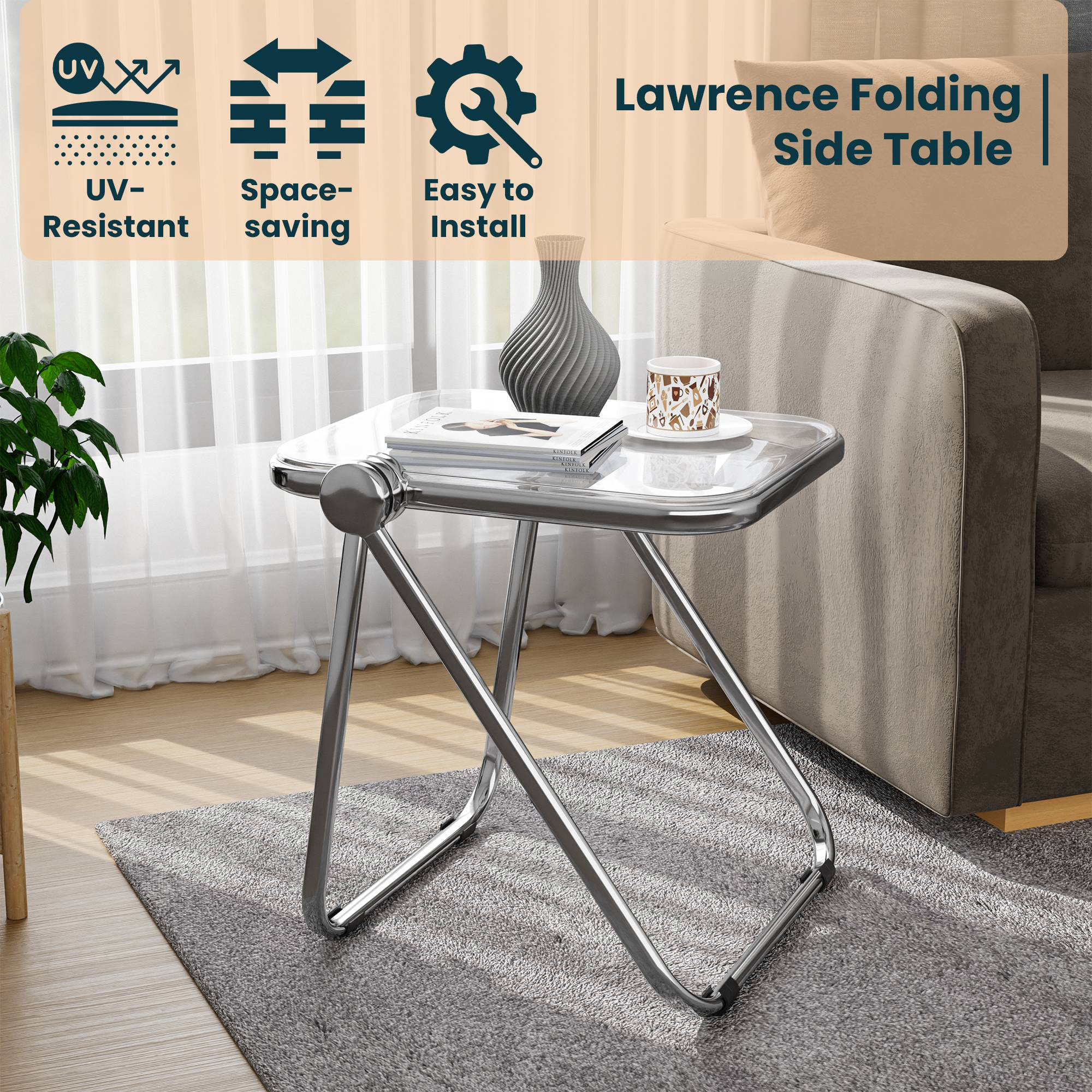 LeisureMod Lawrence Modern Rectangular Folding Side Table in Chrome Finish with Plastic Tabletop and Aluminum Frame - Clear