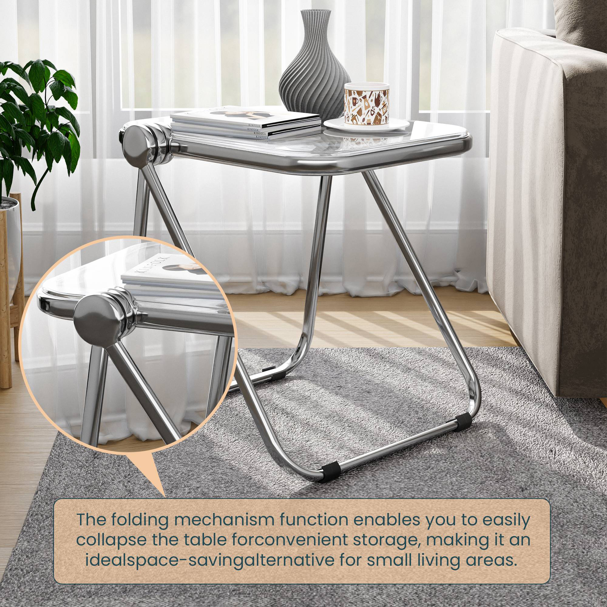 LeisureMod Lawrence Modern Rectangular Folding Side Table in Chrome Finish with Plastic Tabletop and Aluminum Frame - Clear