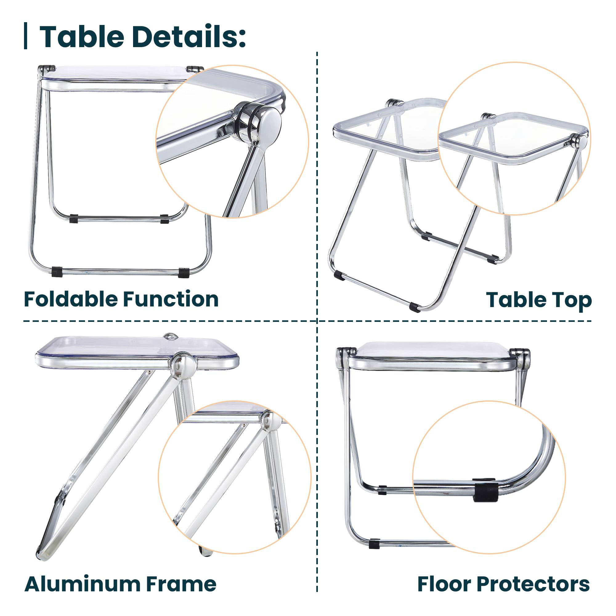 LeisureMod Lawrence Modern Rectangular Folding Side Table in Chrome Finish with Plastic Tabletop and Aluminum Frame - Clear