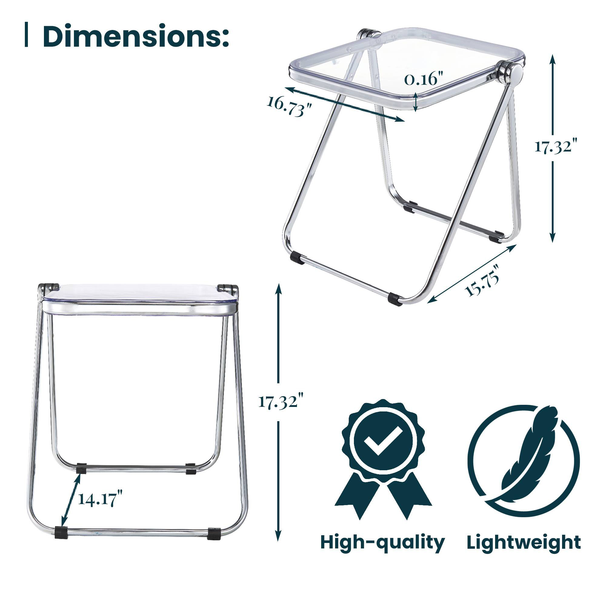 LeisureMod Lawrence Modern Rectangular Folding Side Table in Chrome Finish with Plastic Tabletop and Aluminum Frame - Clear