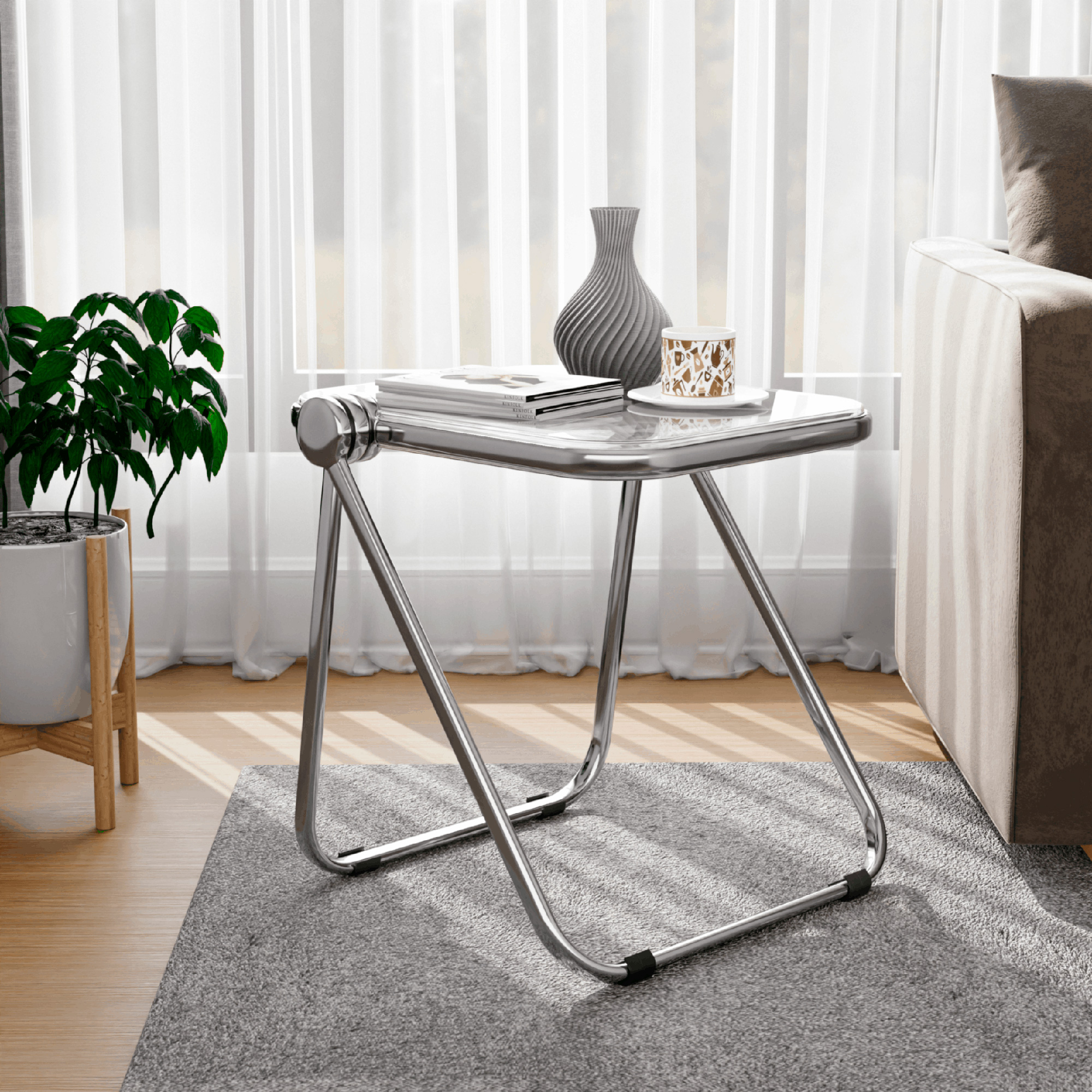 LeisureMod Lawrence Modern Rectangular Folding Side Table in Chrome Finish with Plastic Tabletop and Aluminum Frame - Clear