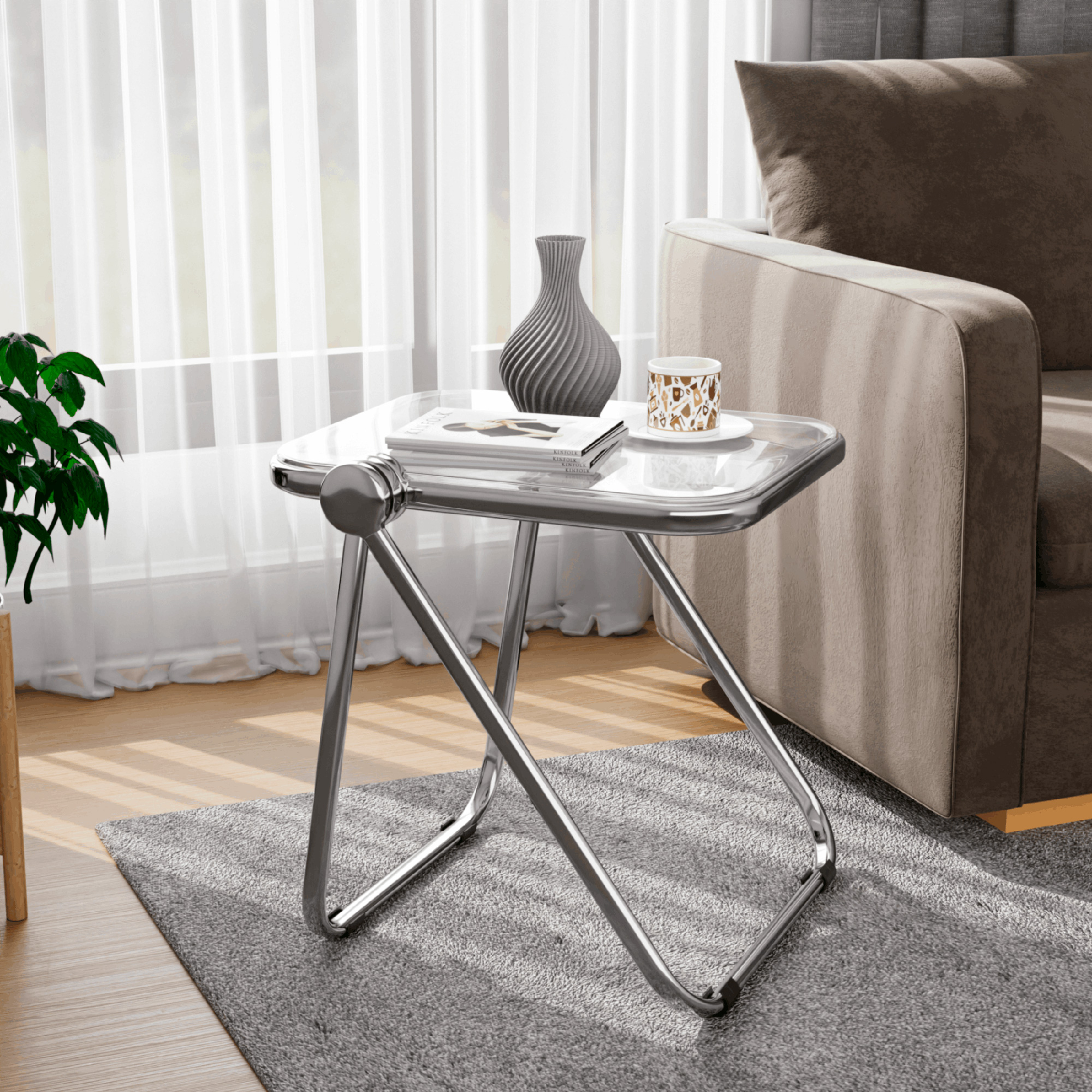 LeisureMod Lawrence Modern Rectangular Folding Side Table in Chrome Finish with Plastic Tabletop and Aluminum Frame - Clear