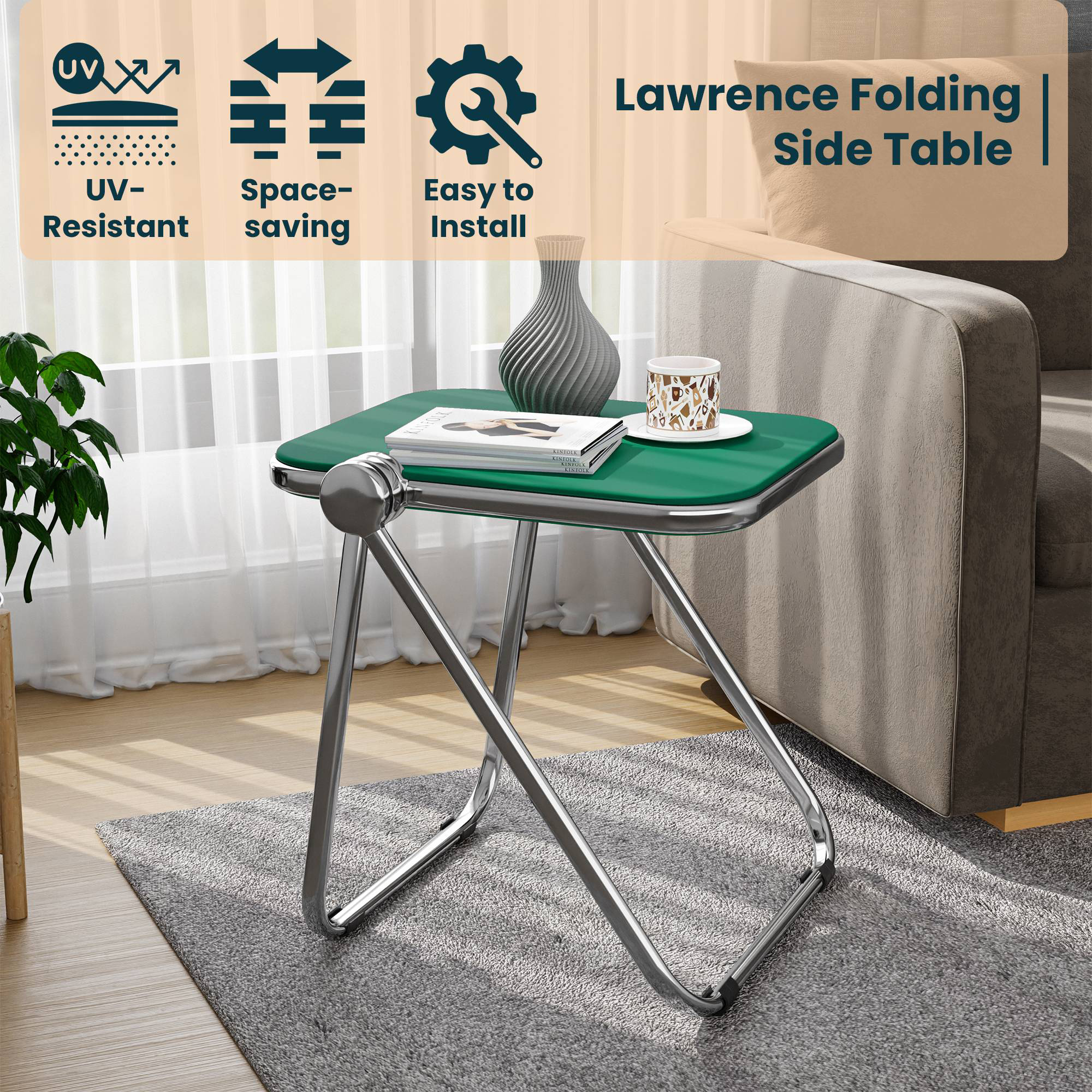 LeisureMod Lawrence Modern Rectangular Folding Side Table in Chrome Finish with Plastic Tabletop and Aluminum Frame