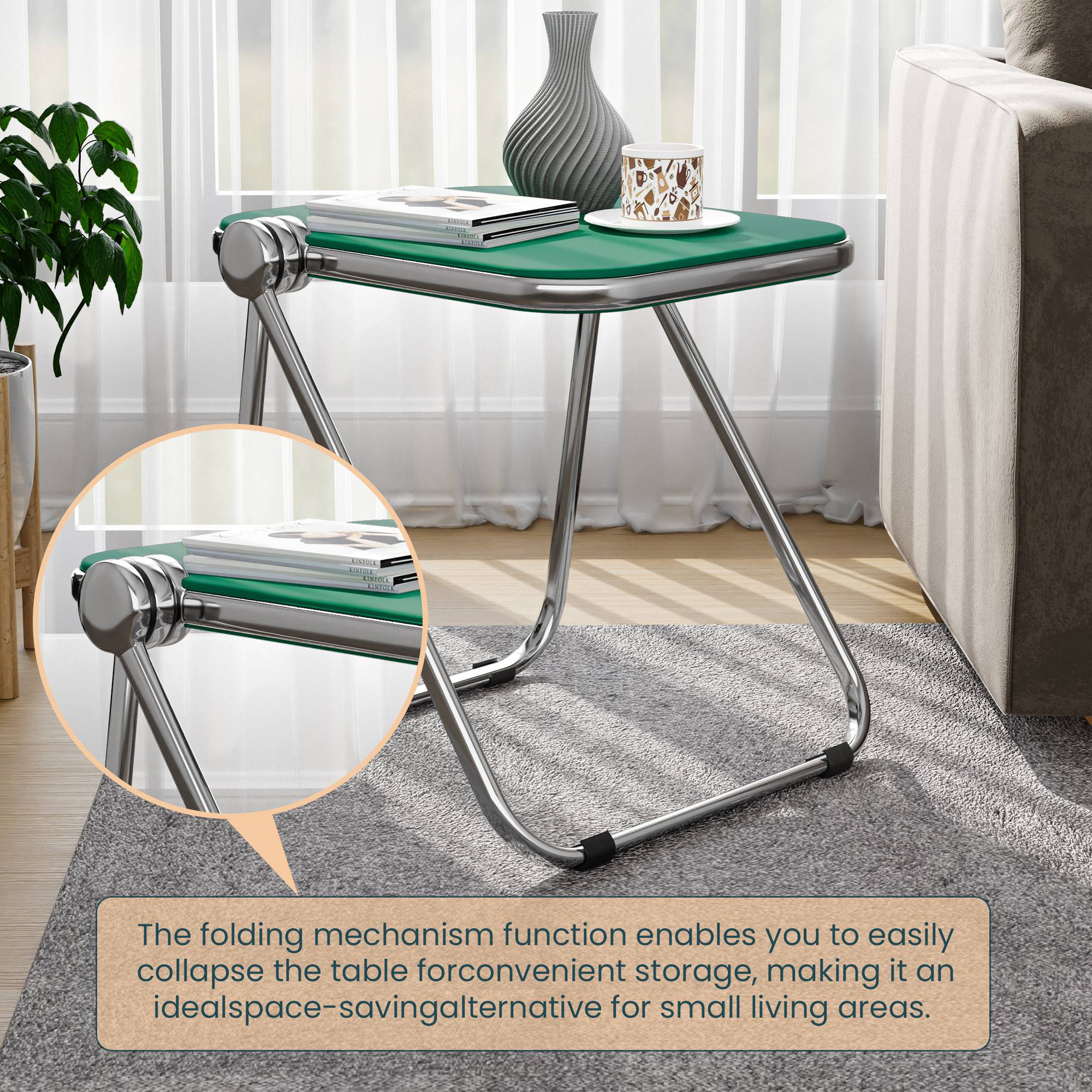 LeisureMod Lawrence Modern Rectangular Folding Side Table in Chrome Finish with Plastic Tabletop and Aluminum Frame - Green