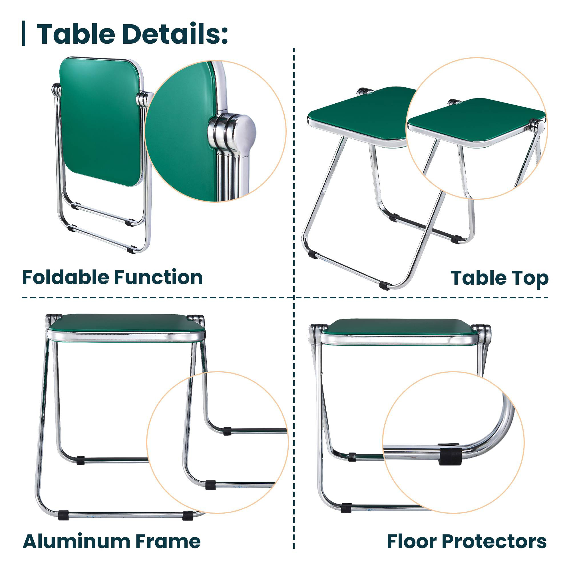 LeisureMod Lawrence Modern Rectangular Folding Side Table in Chrome Finish with Plastic Tabletop and Aluminum Frame - Green