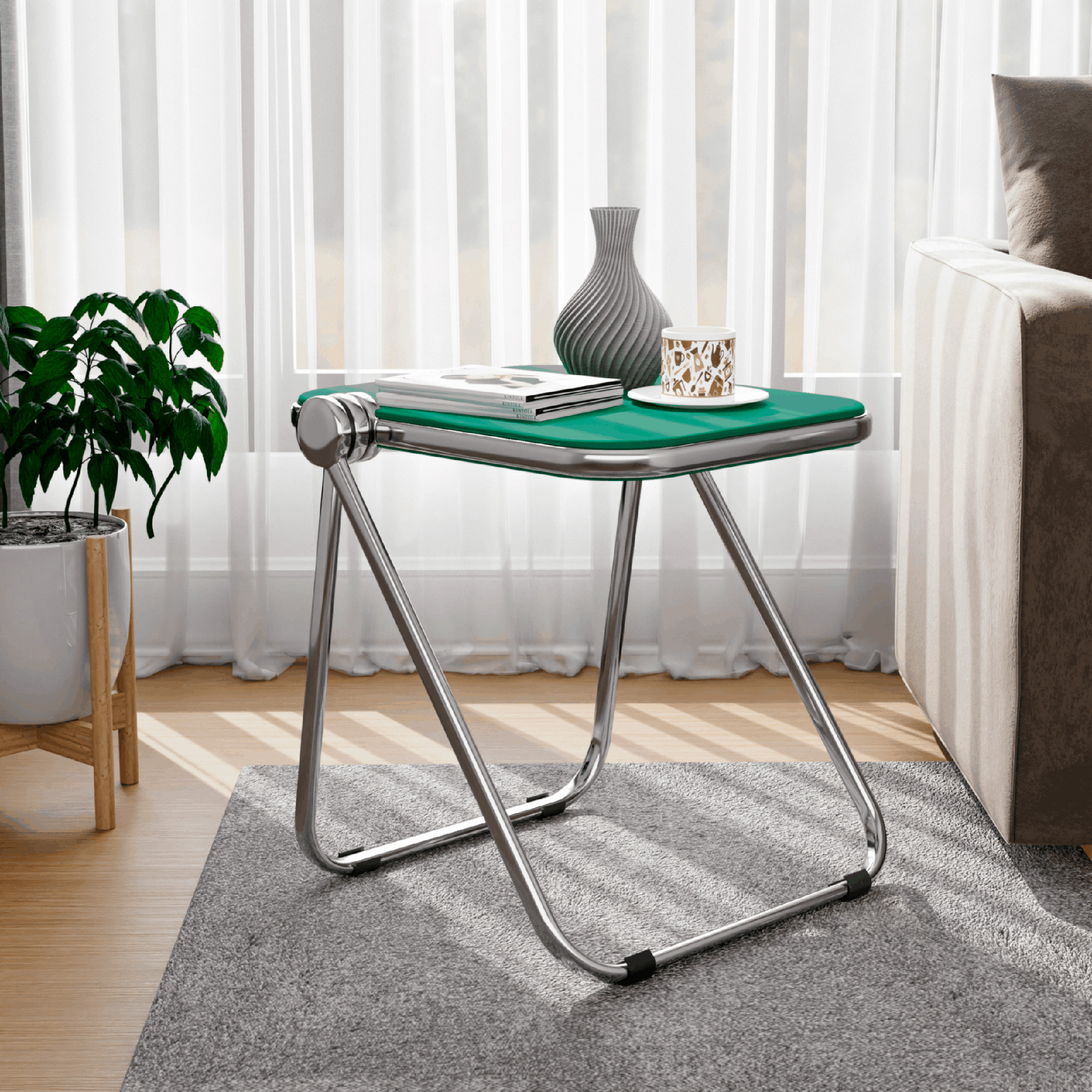 LeisureMod Lawrence Modern Rectangular Folding Side Table in Chrome Finish with Plastic Tabletop and Aluminum Frame - Green