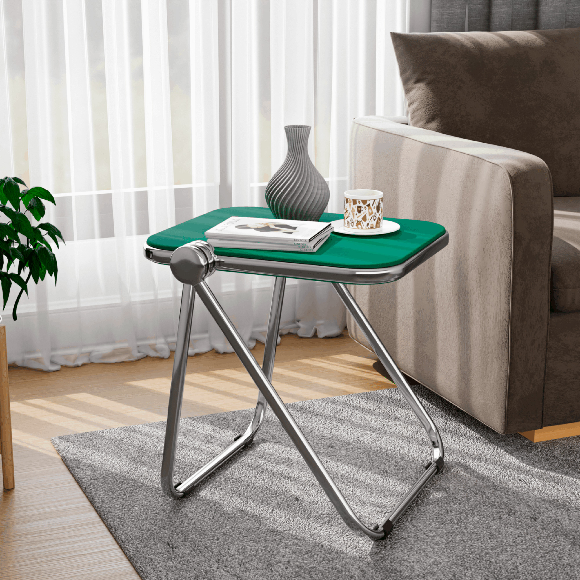 LeisureMod Lawrence Modern Rectangular Folding Side Table in Chrome Finish with Plastic Tabletop and Aluminum Frame - Green