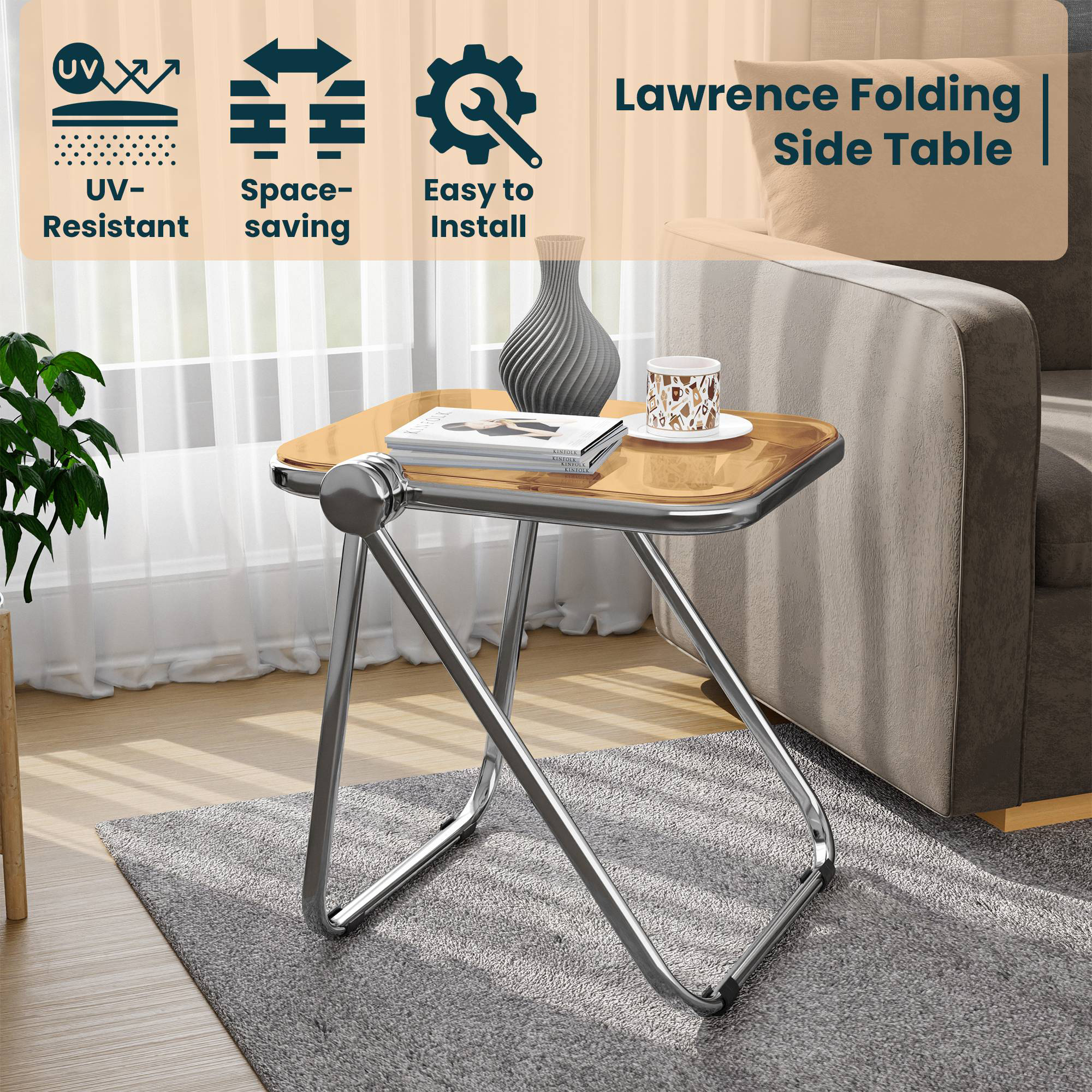 LeisureMod Lawrence Modern Rectangular Folding Side Table in Chrome Finish with Plastic Tabletop and Aluminum Frame - Orange