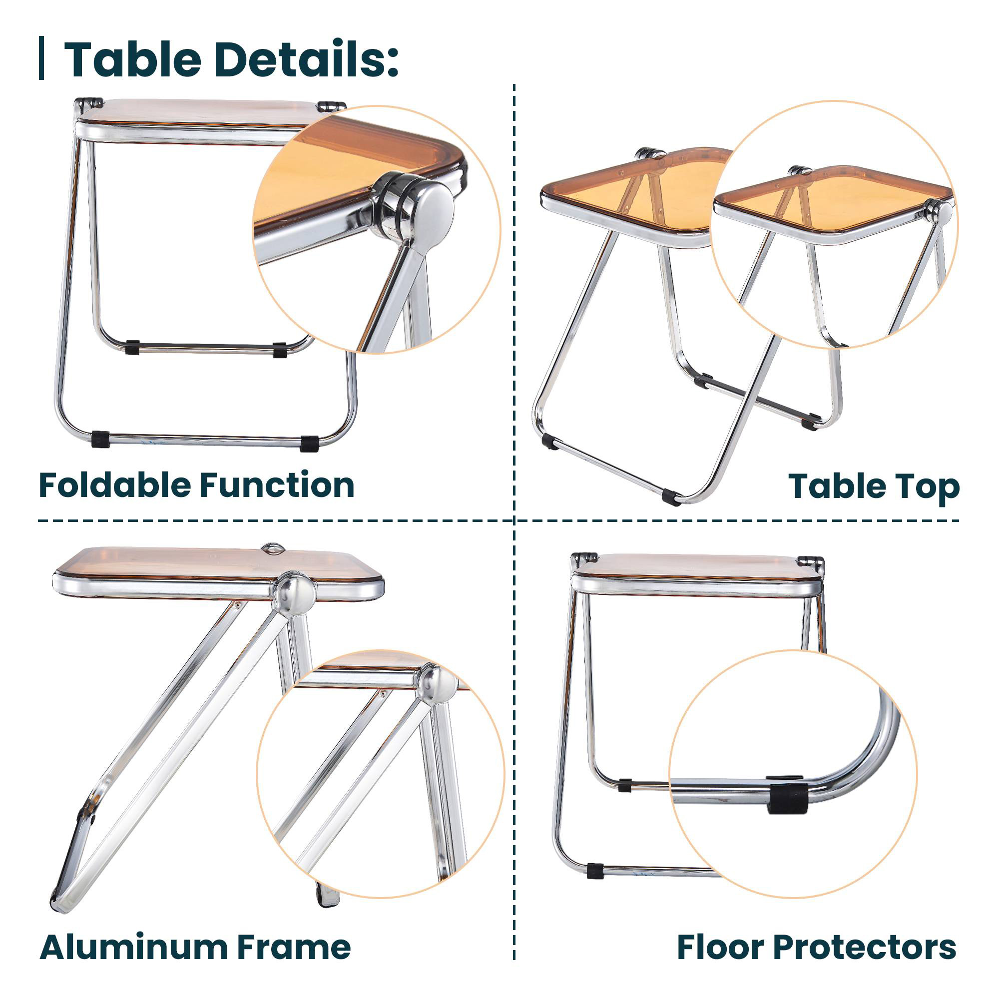 LeisureMod Lawrence Modern Rectangular Folding Side Table in Chrome Finish with Plastic Tabletop and Aluminum Frame - Orange