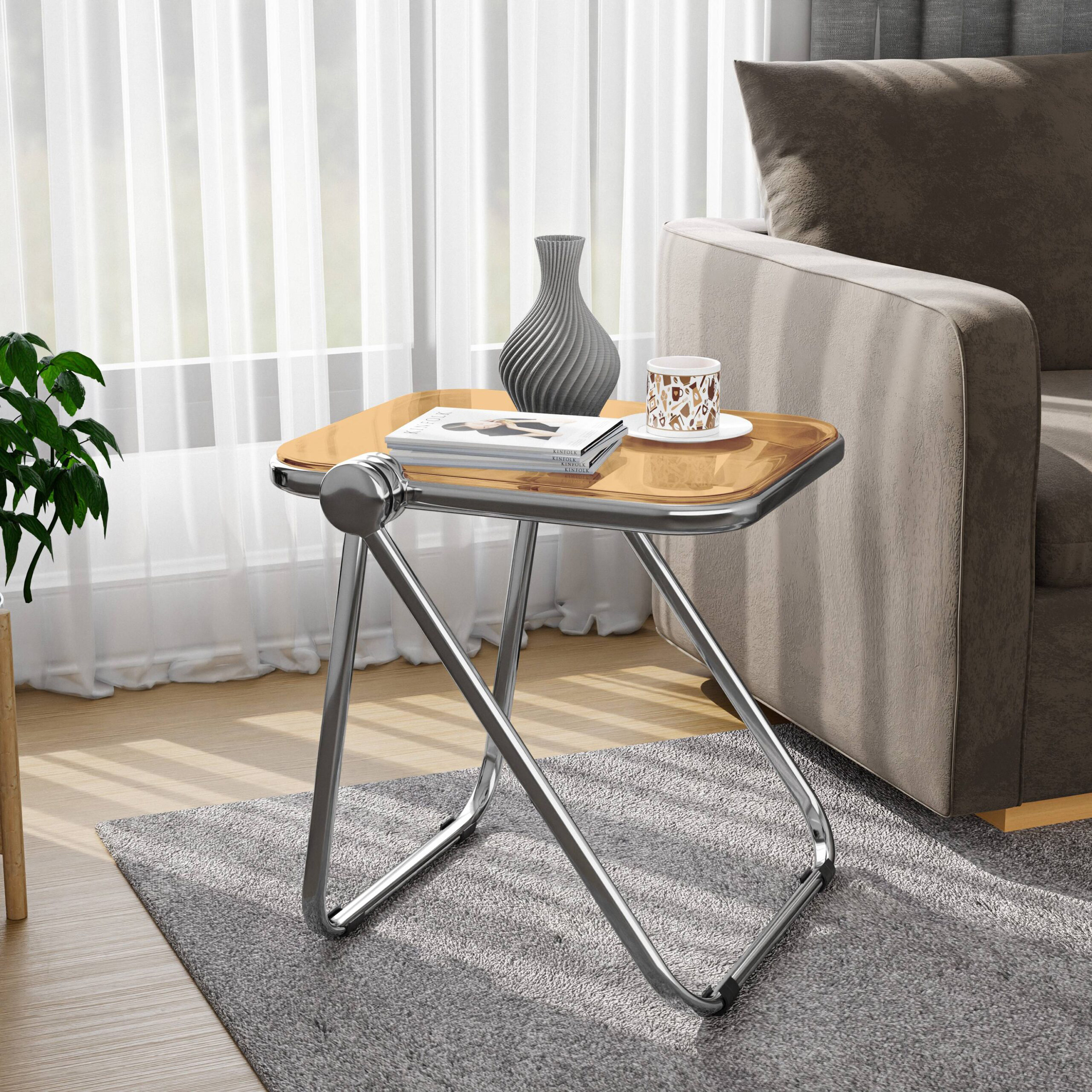 LeisureMod Lawrence Modern Rectangular Folding Side Table in Chrome Finish with Plastic Tabletop and Aluminum Frame - Orange